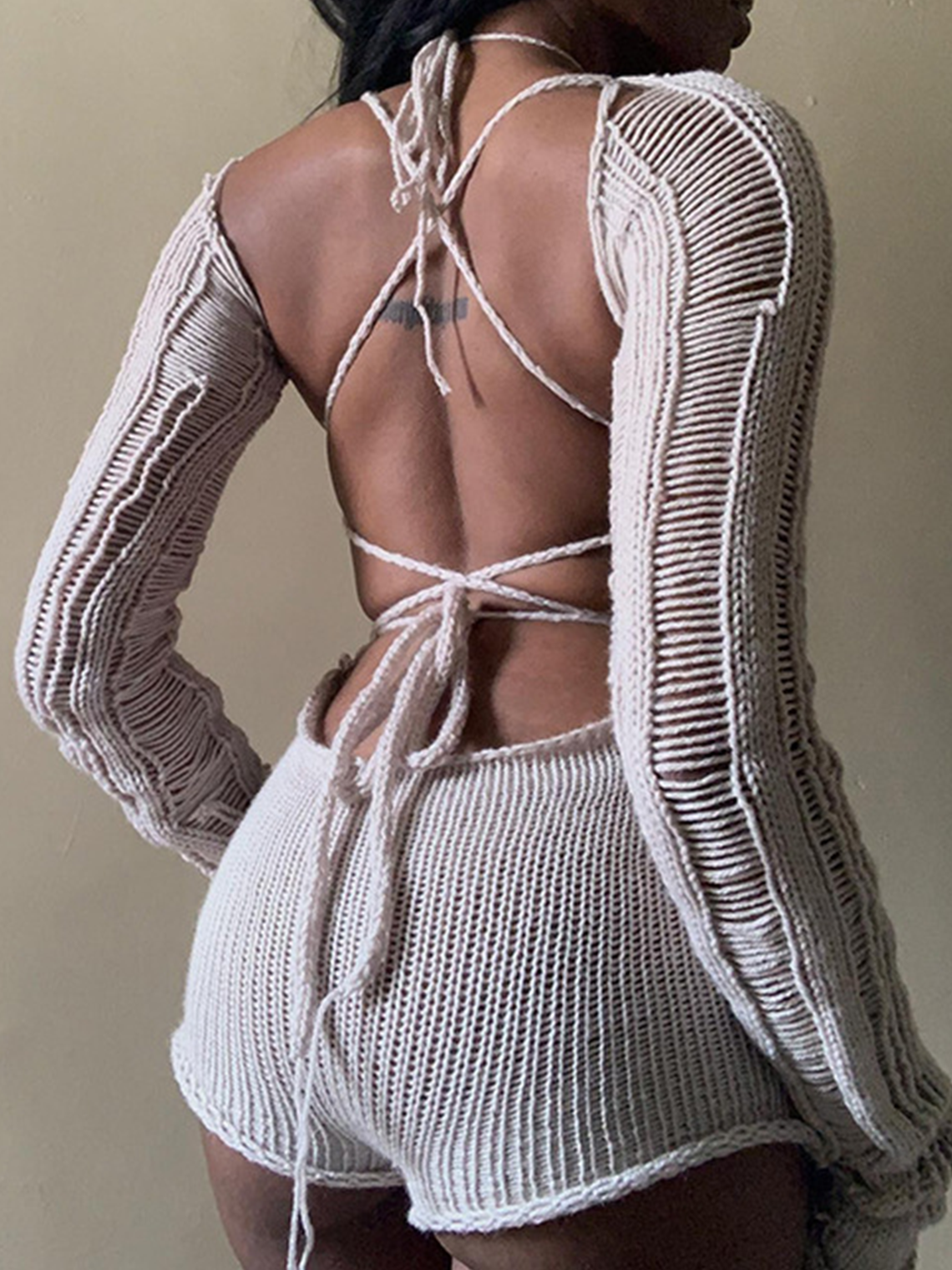 Knitted Cut Out Backless Spaghetti Plain Romper