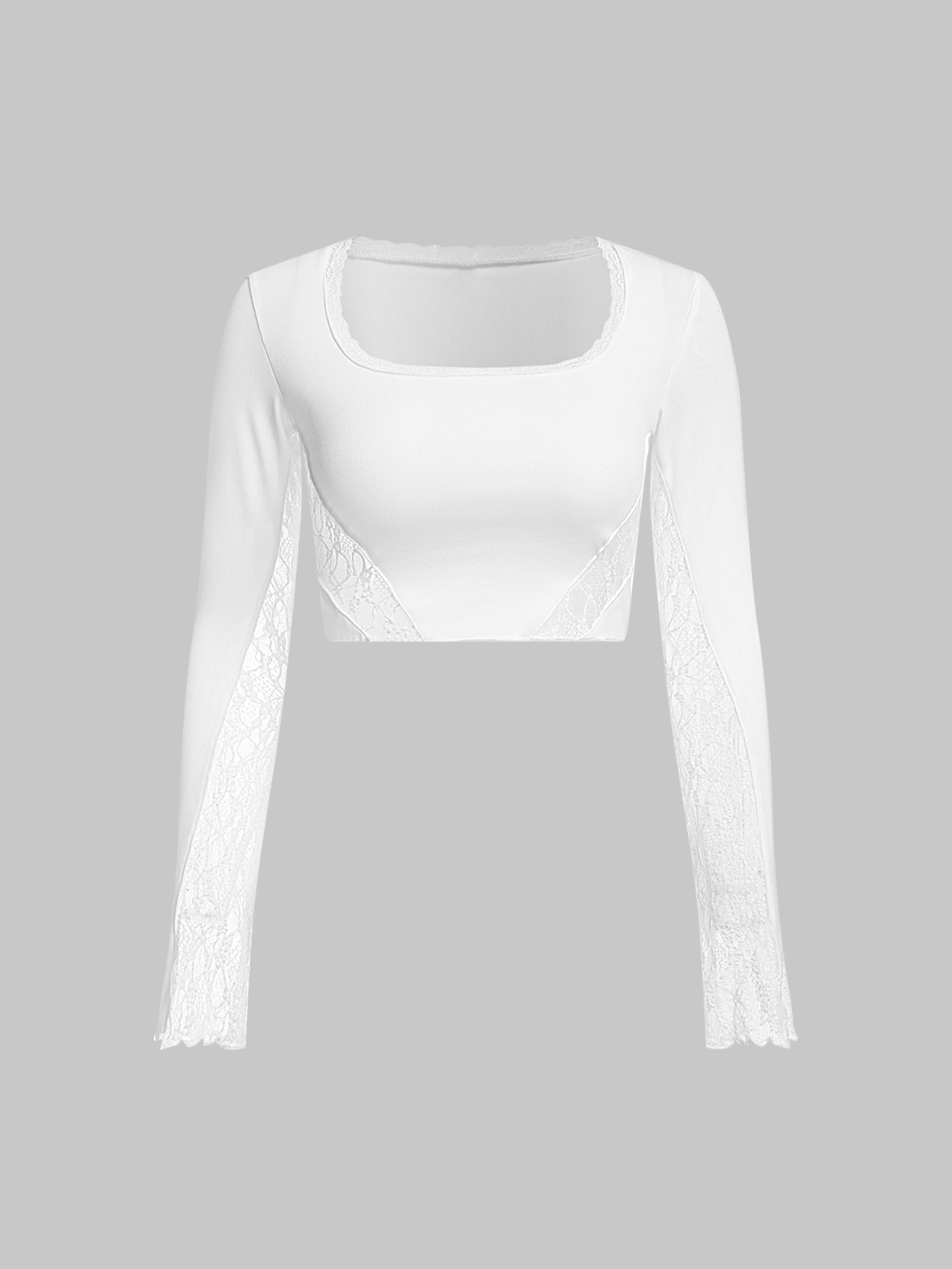 Lace Square Neck Plain Long Sleeve T-Shirt