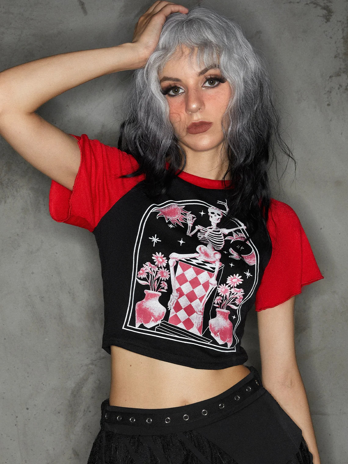 Y2K Black Color Block Skull Halloween Top T-Shirt