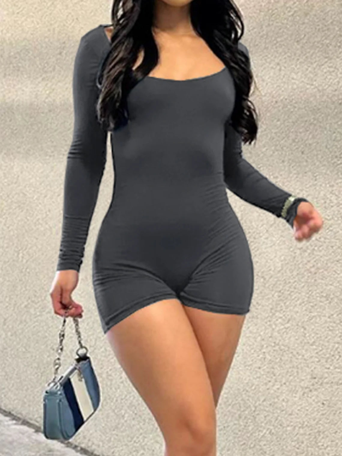 Backless Crew Neck Plain Long Sleeve Romper