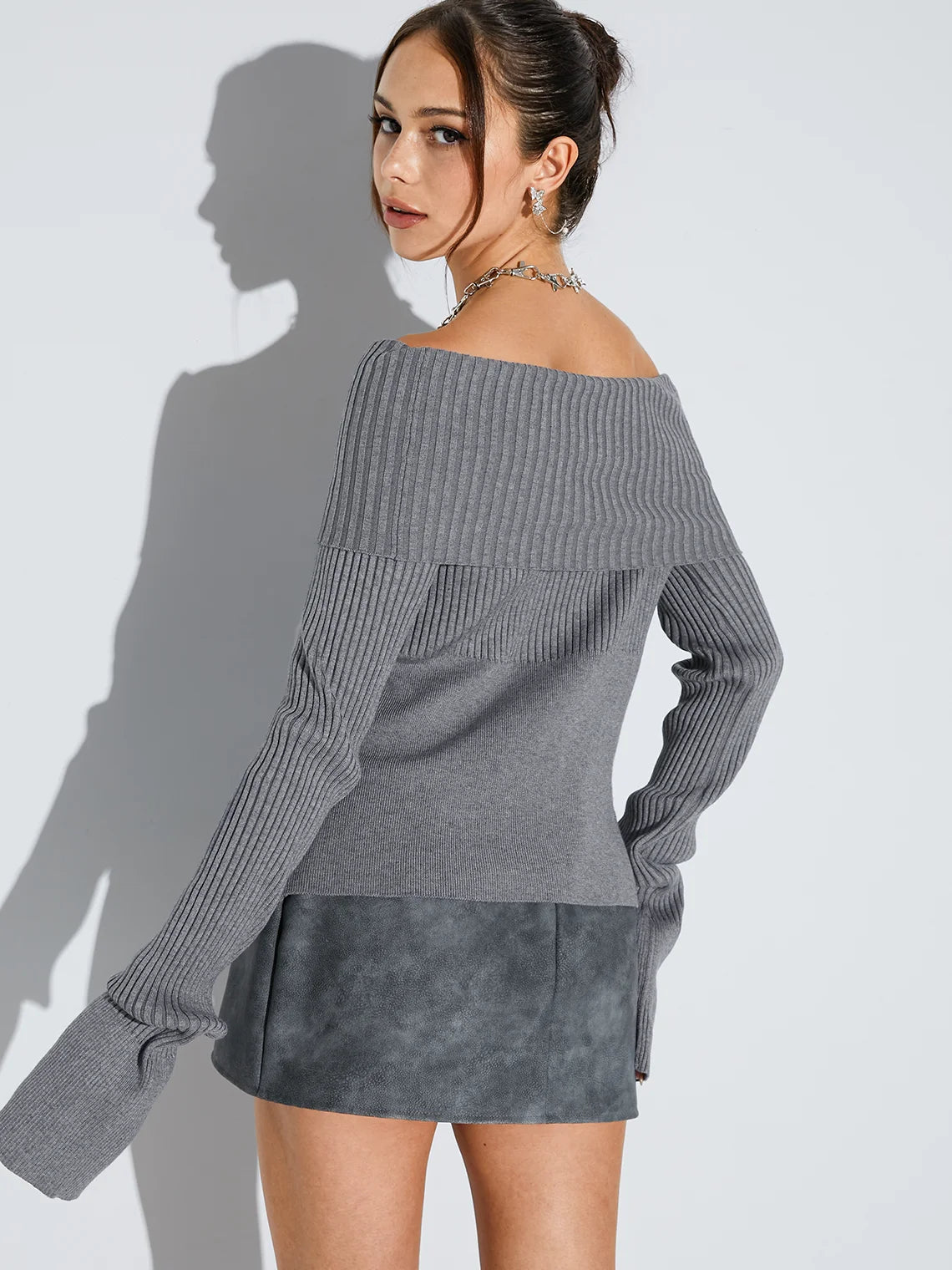 Knitted Boat Neck Plain Long Sleeve T-Shirt