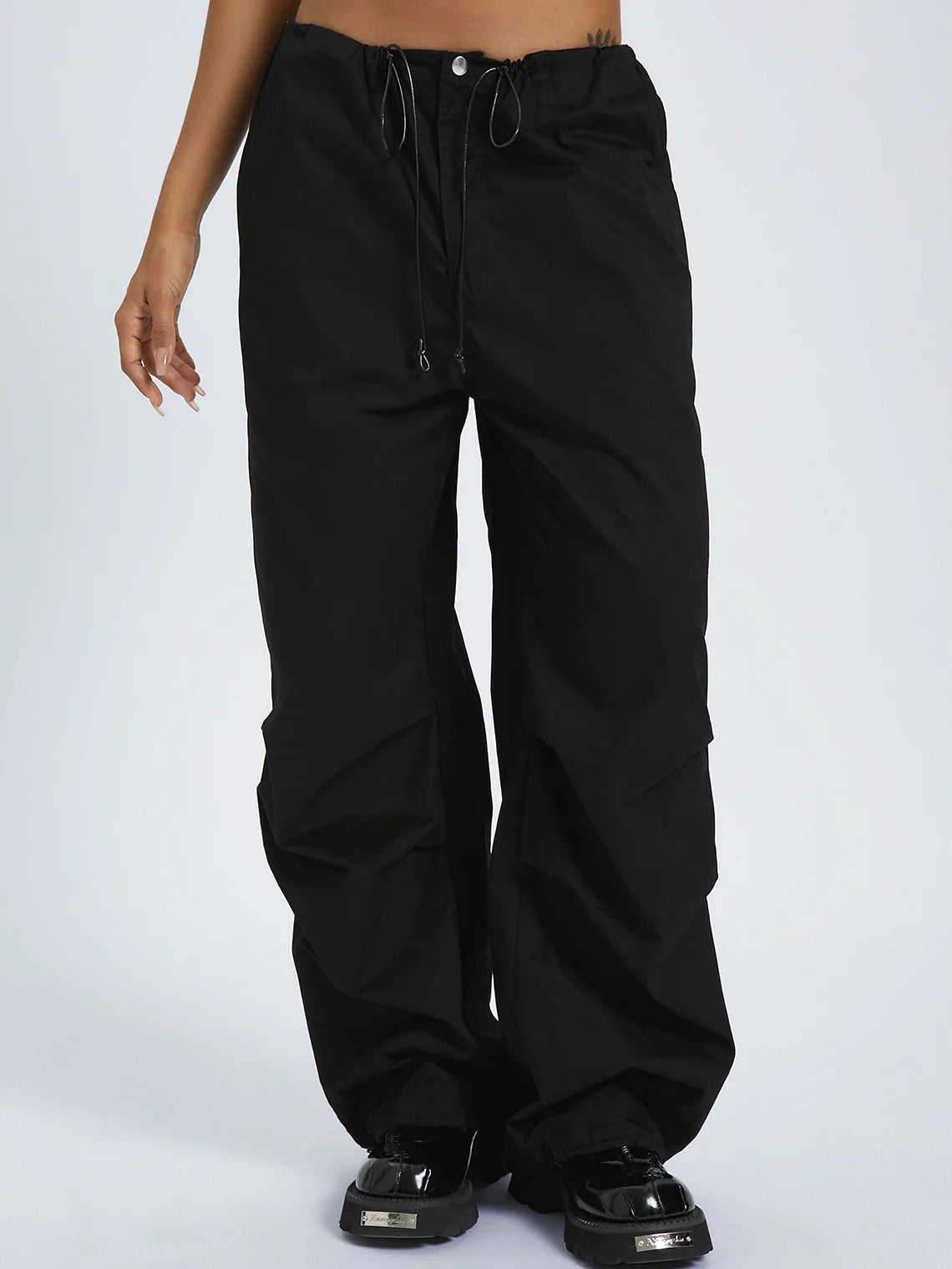 Street Black Cargo Drawstring Bottom Pants