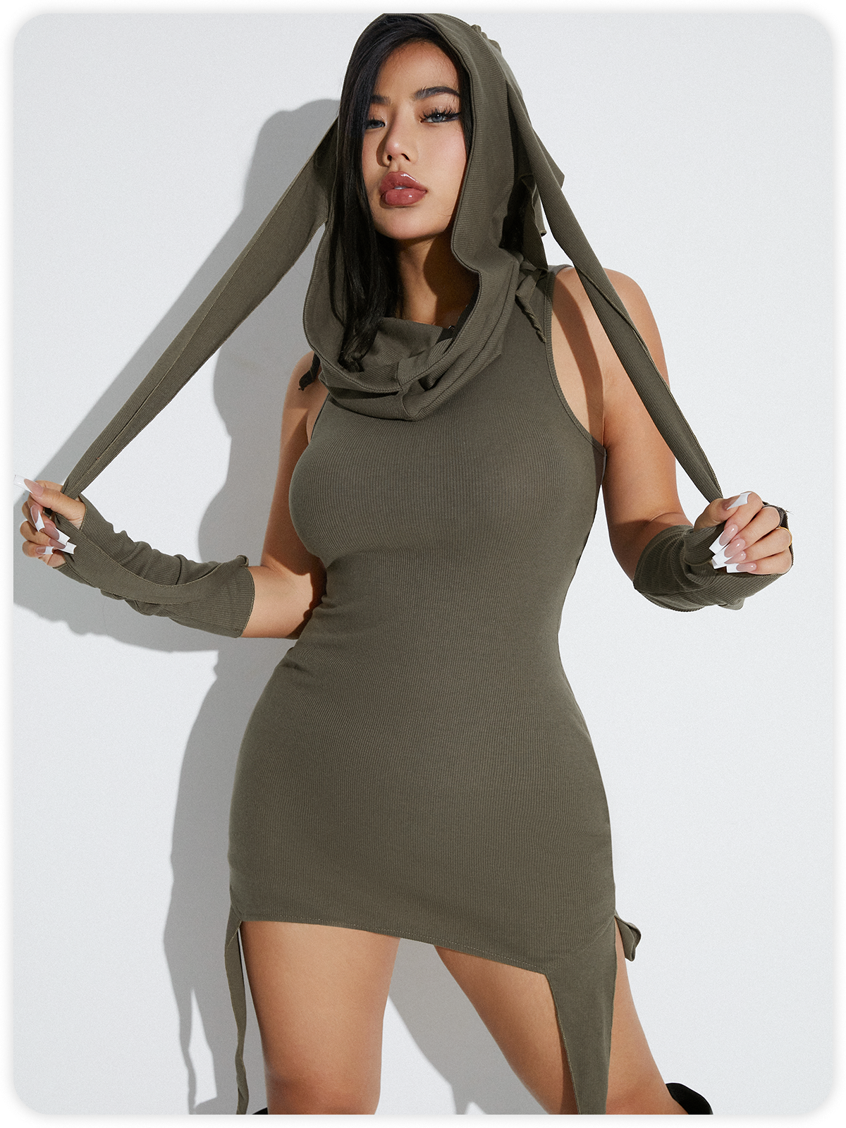 Arm Sleeves Hoodie Plain Sleeveless Short Dress