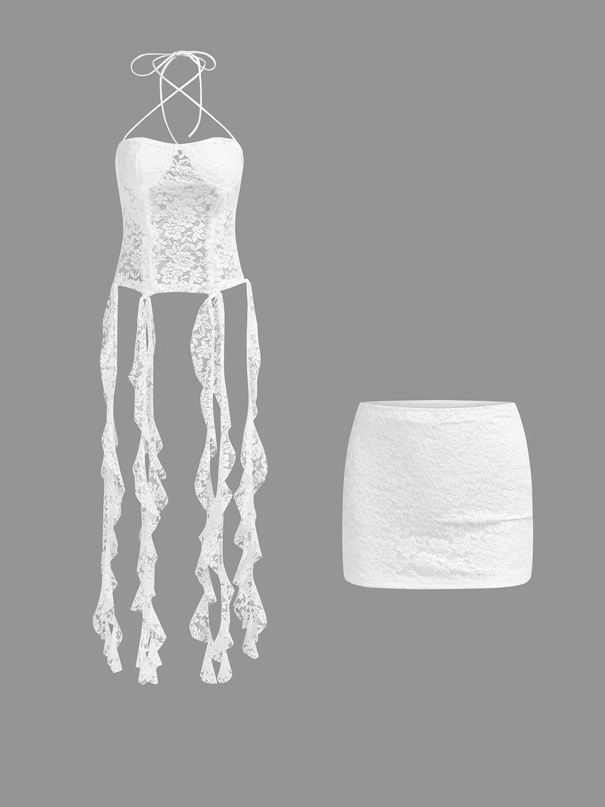 Lace Halter Plain Top With Skirt Two-Piece Set