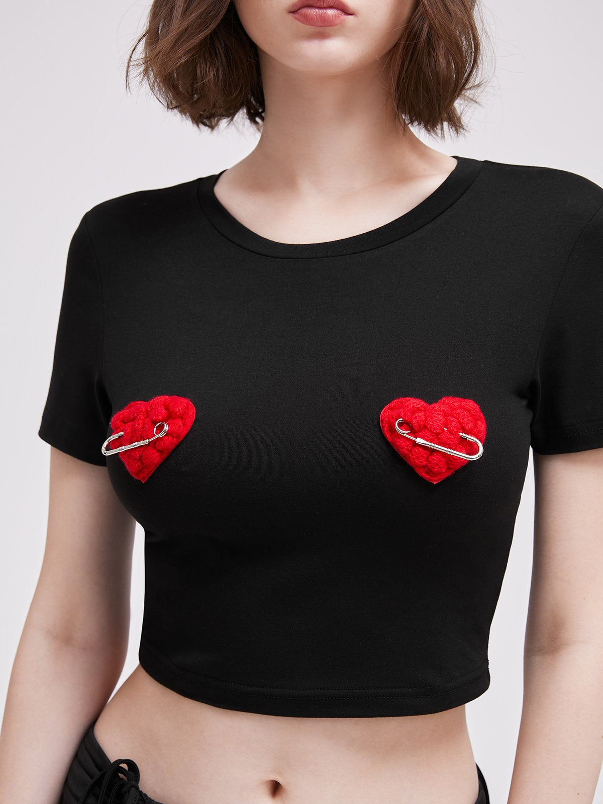 Metal Crew Neck Heart Short Sleeve T-Shirt