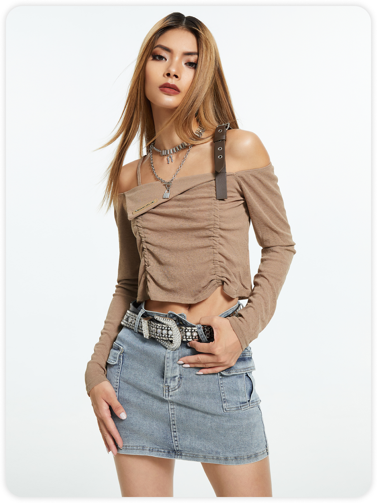 Y2K Brown Cold Shoulder Asymmetrical Design Top Women Top