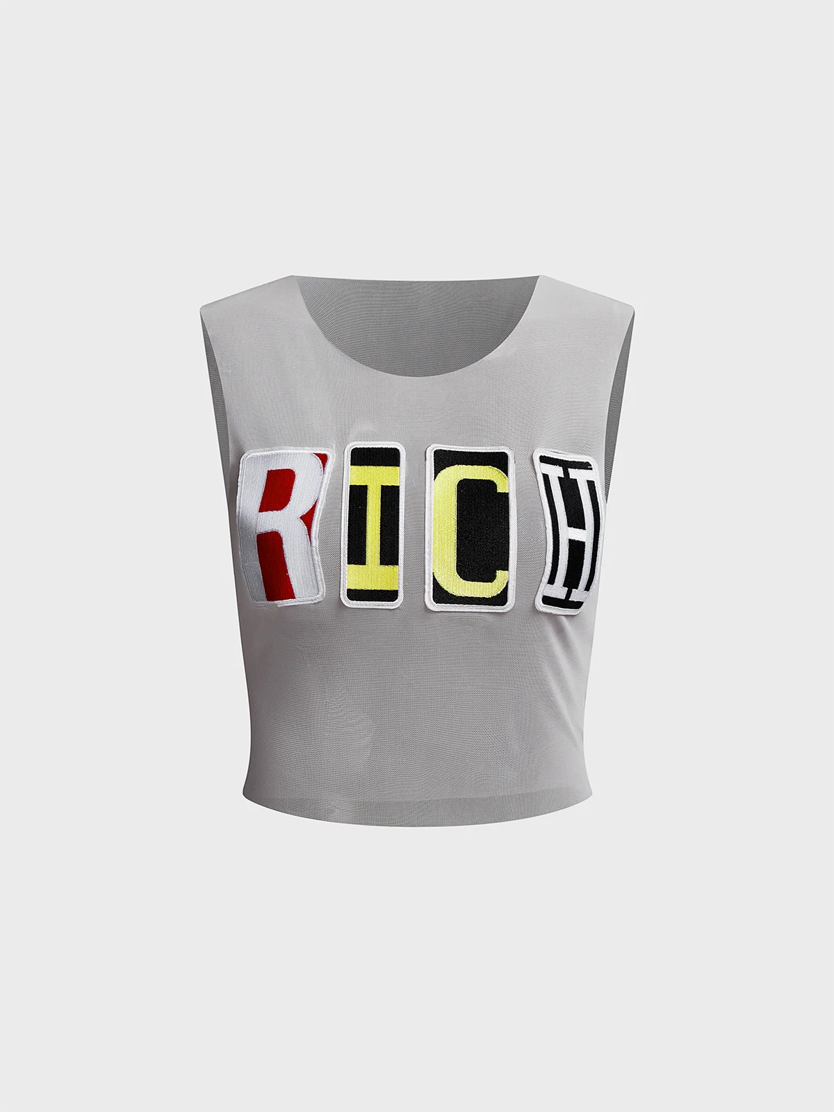 Mesh Crew Neck Text Letters Tank Top