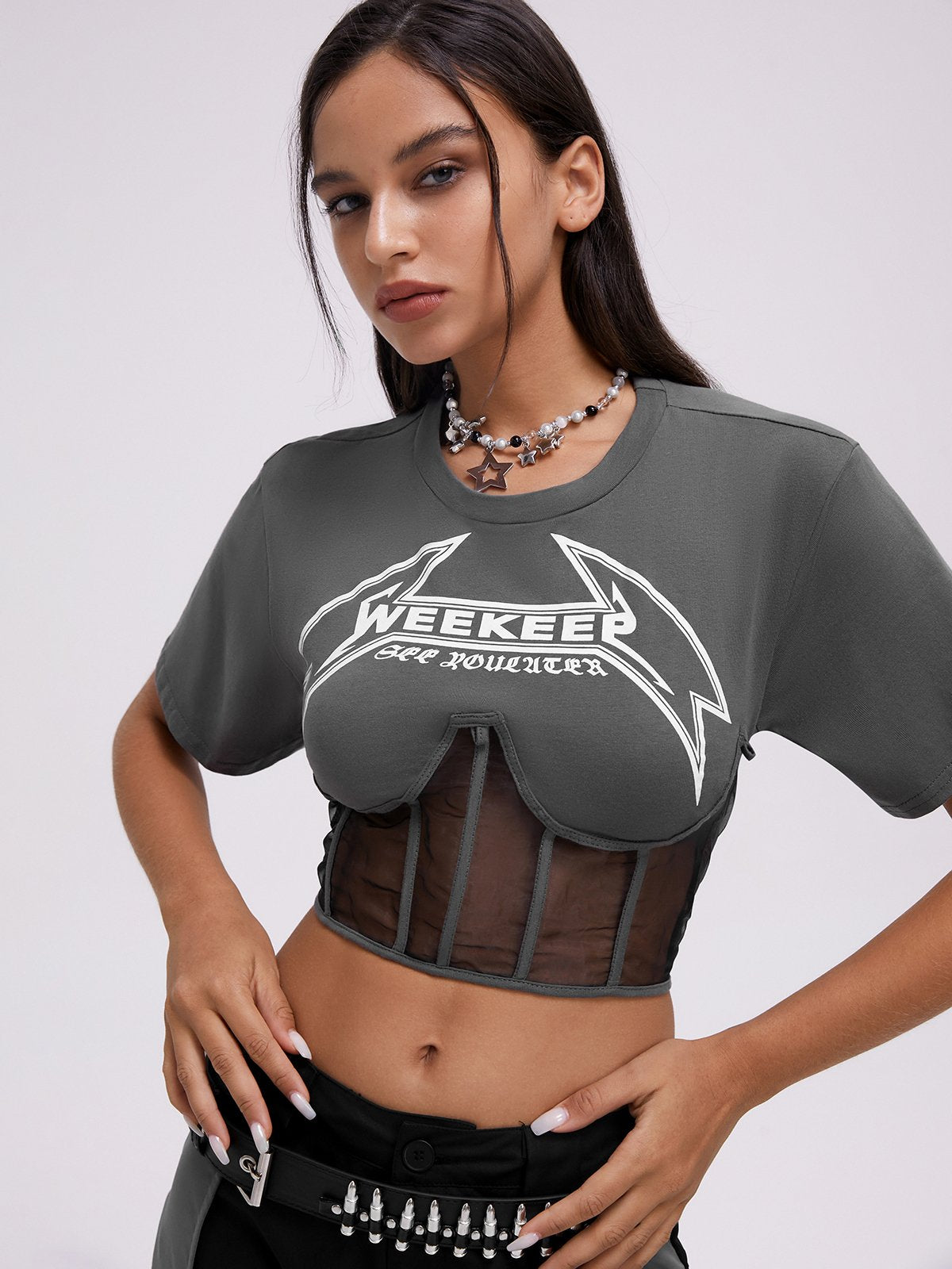 Street Gray Graphic Patchwork Mesh Top T-Shirt