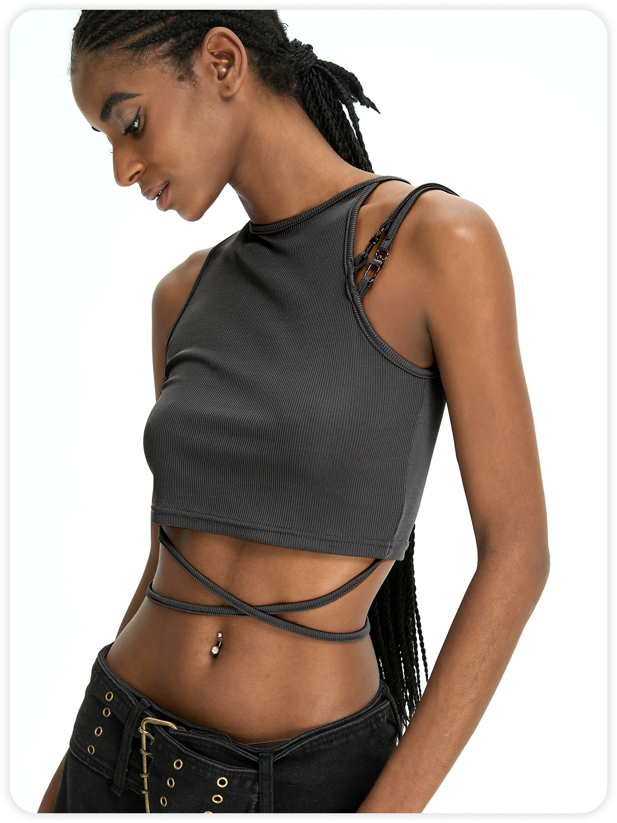 Street Gray Metal buckle Asymmetrical design Top Tank Top & Cami