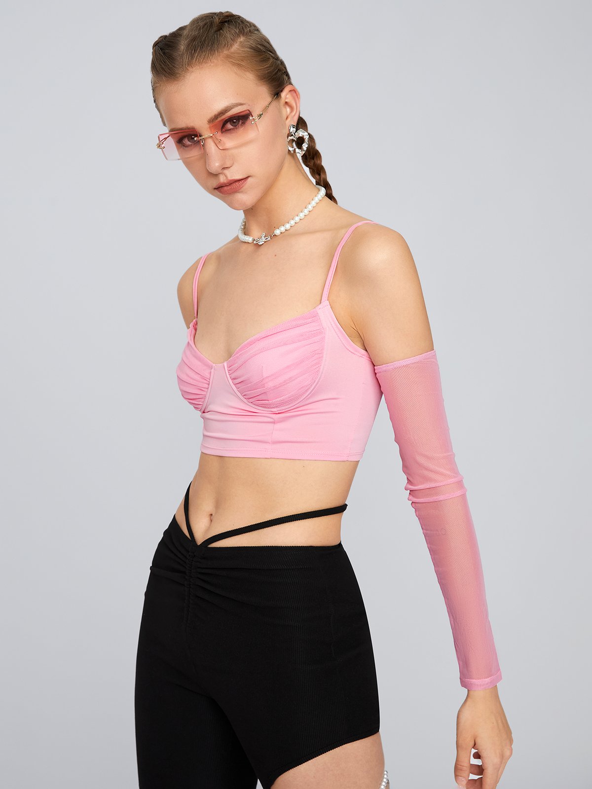 Y2K Fashion Pink Mesh Spaghetti Strap Top Women Top