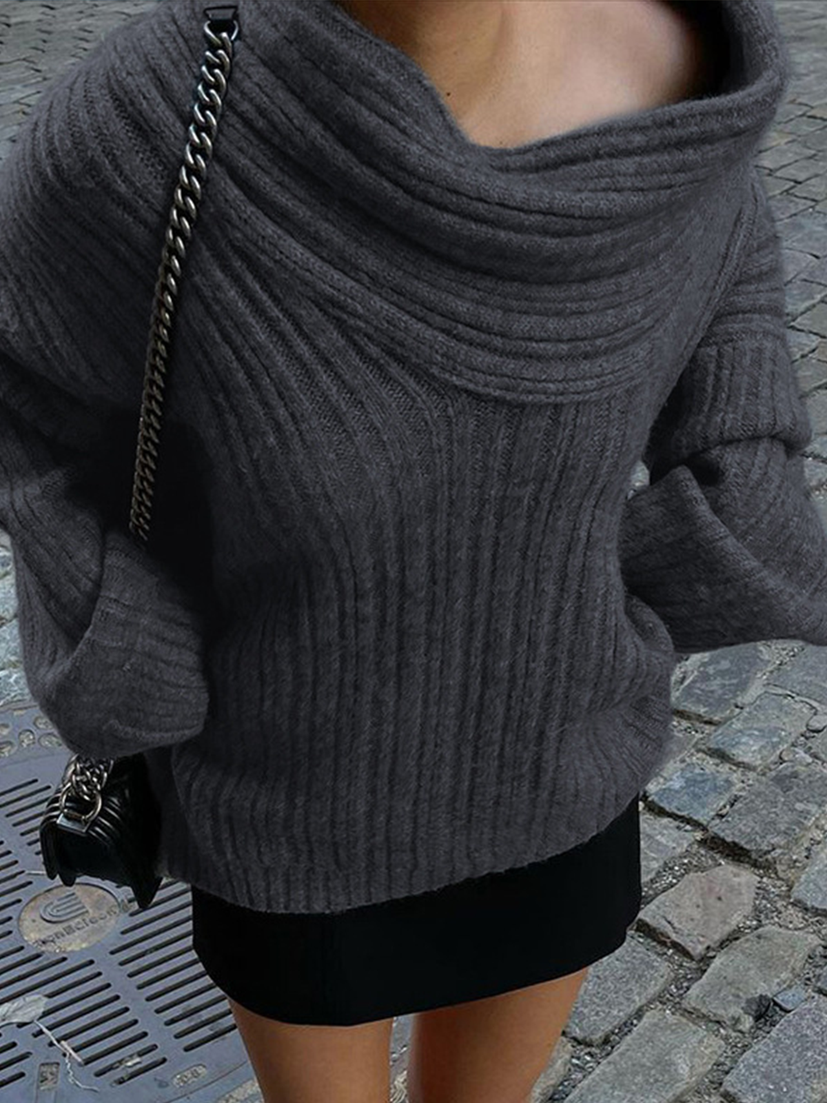 Knitted Off-shoulder Plain Long Sleeve Sweater