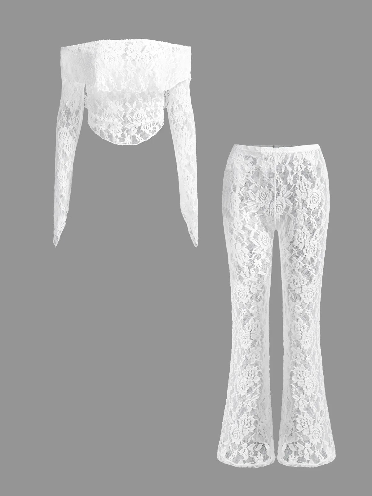 Lace Plain Top With Pants Two-Piece Set