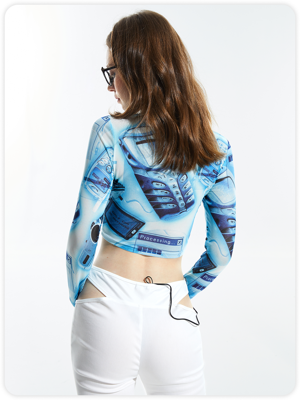 Y2K Blue Abstract Mesh Cropped Back To School Top Women Top