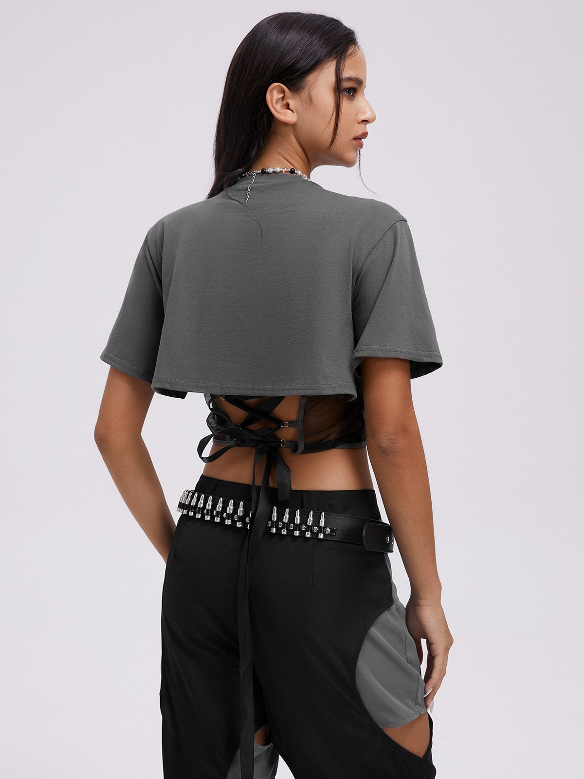 Street Gray Graphic Patchwork Mesh Top T-Shirt