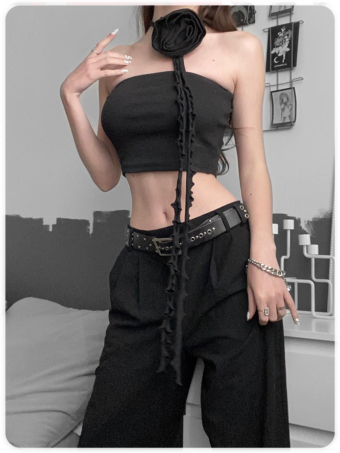 Y2k Balletcore Black 3D rose Neck strap Tube Top Women Top