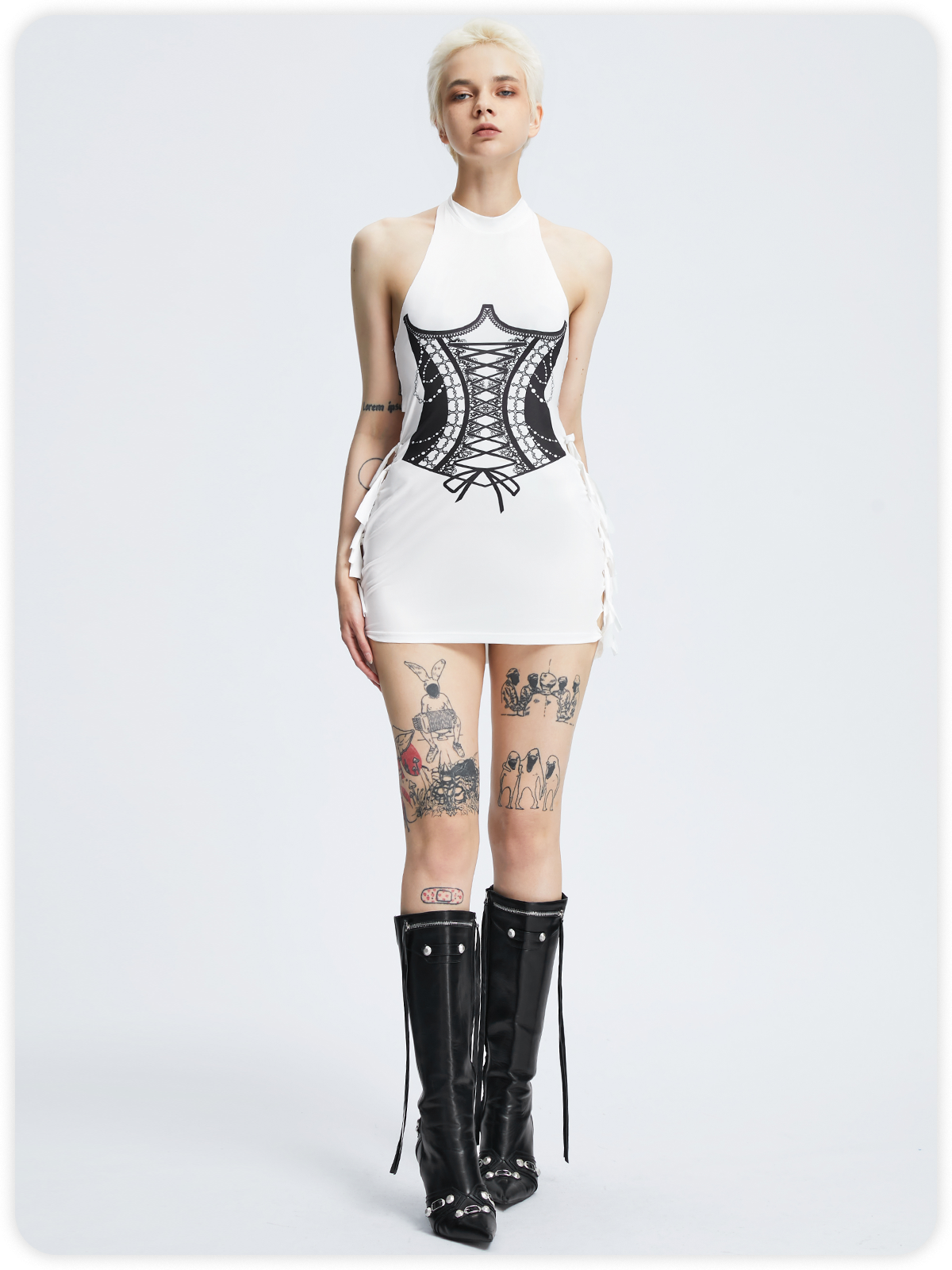 Y2k White Cut out Corset body print Dress Mini Dress