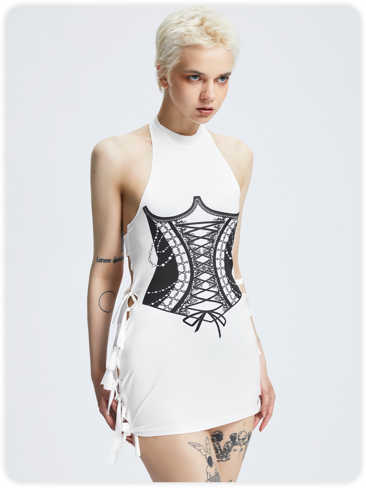 Y2k White Cut out Corset body print Dress Mini Dress