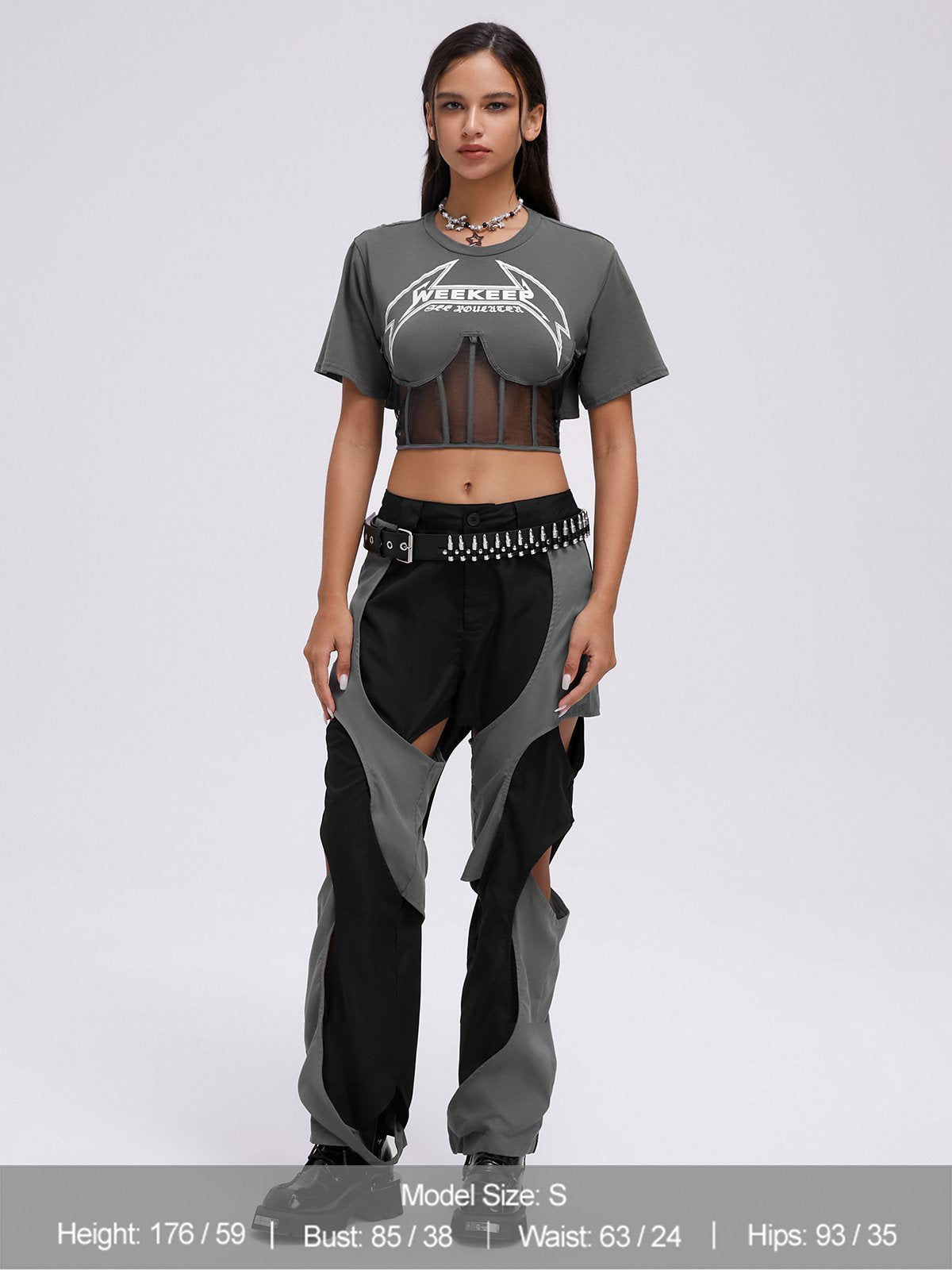 Street Gray Graphic Patchwork Mesh Top T-Shirt