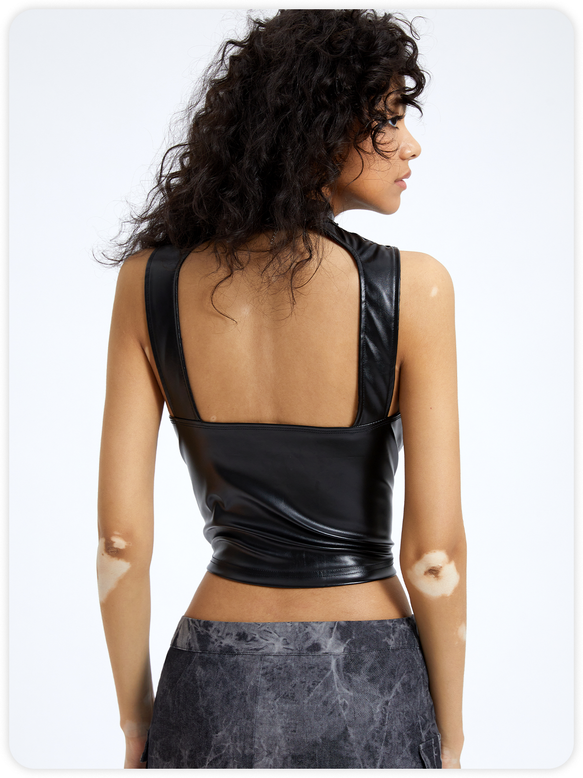 Street Black Leather Backless Zip up Top Tank Top & Cami