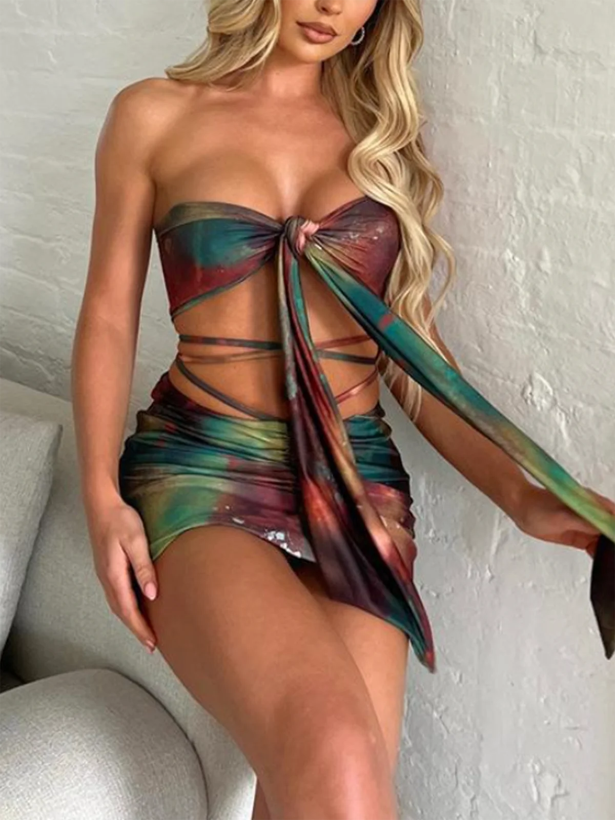 Lace Up Wrinkled Tie-Dye Tube Top With Skirt Two-Piece Set