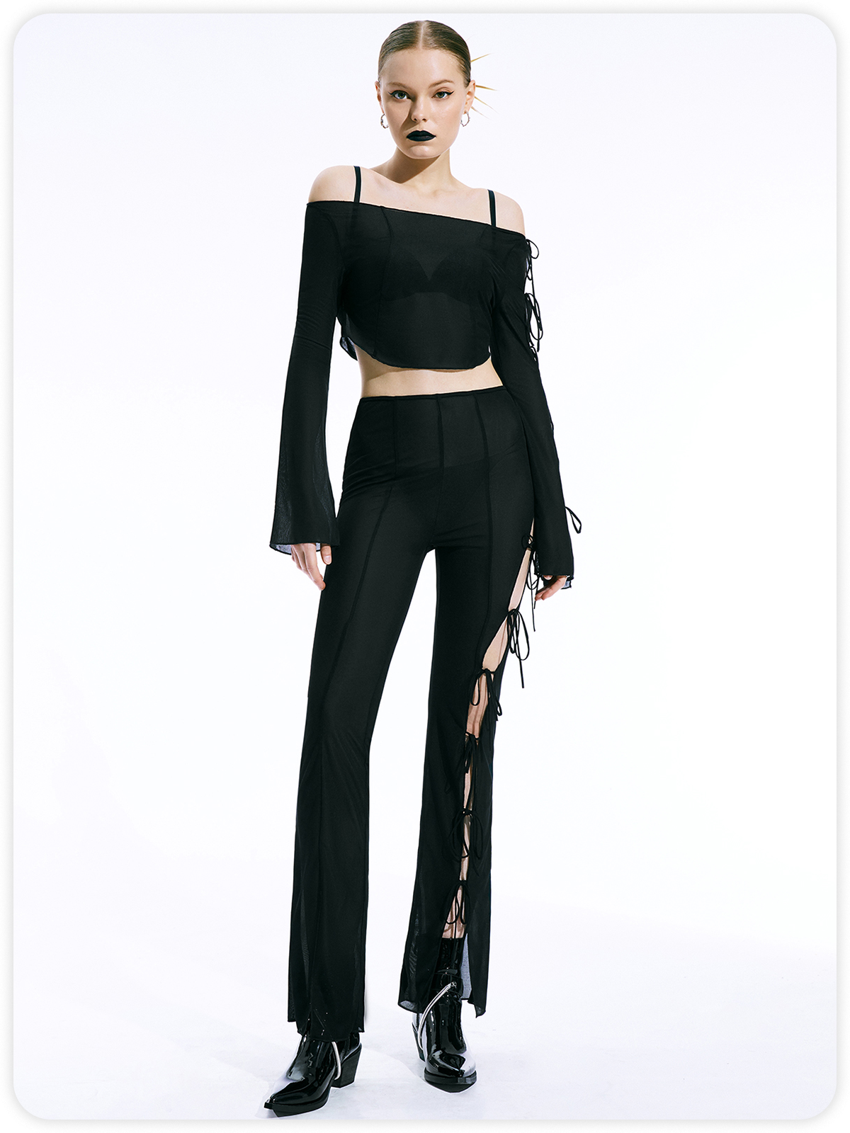 Y2K Black Lace Up Asymmetrical Design Mesh Bottom Pants