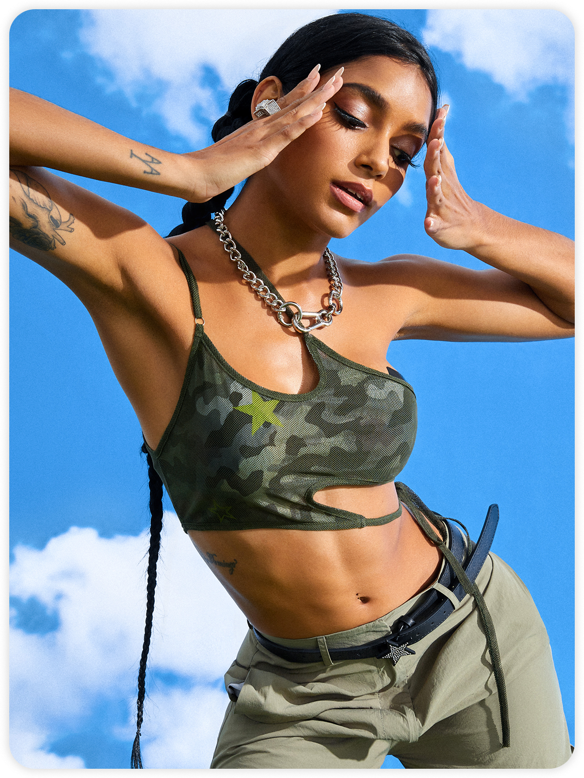 Street Army Green Asymmetrical Design Camo Cyberpunk Top Tank Top & Cami