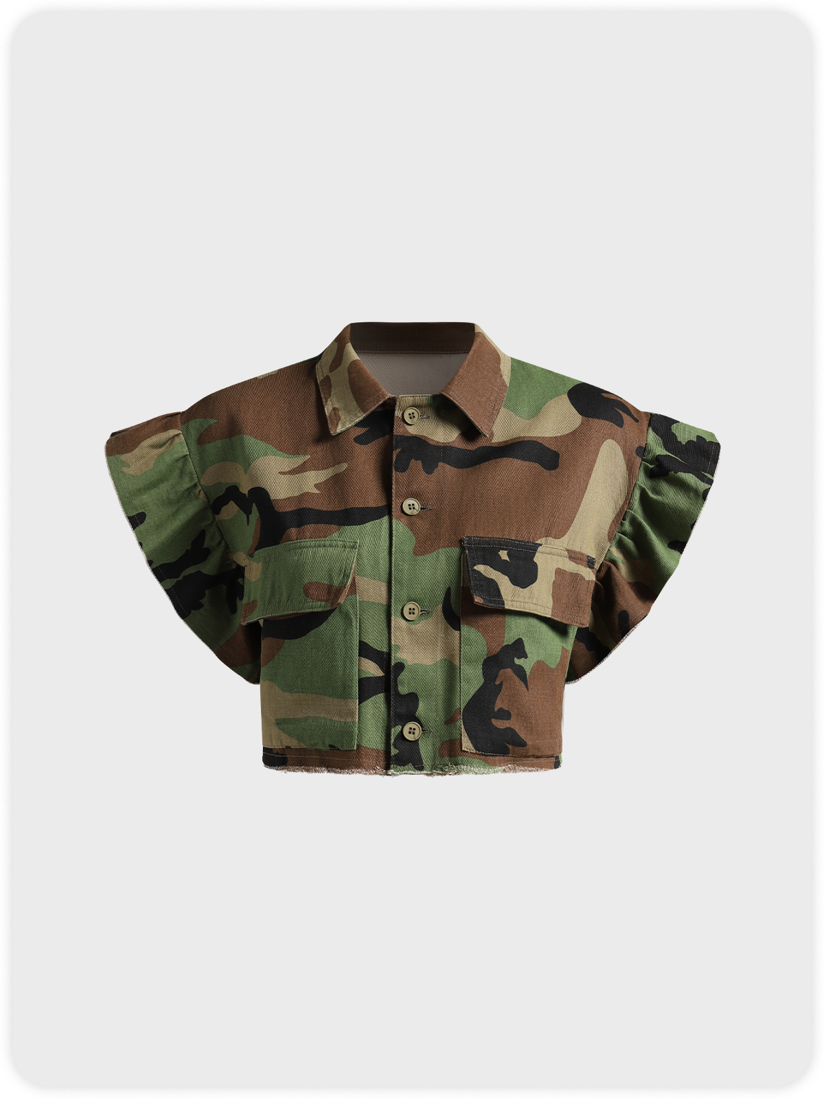 Camouflage Raw Edge Shawl Collar Camo Cap Sleeve Shirt