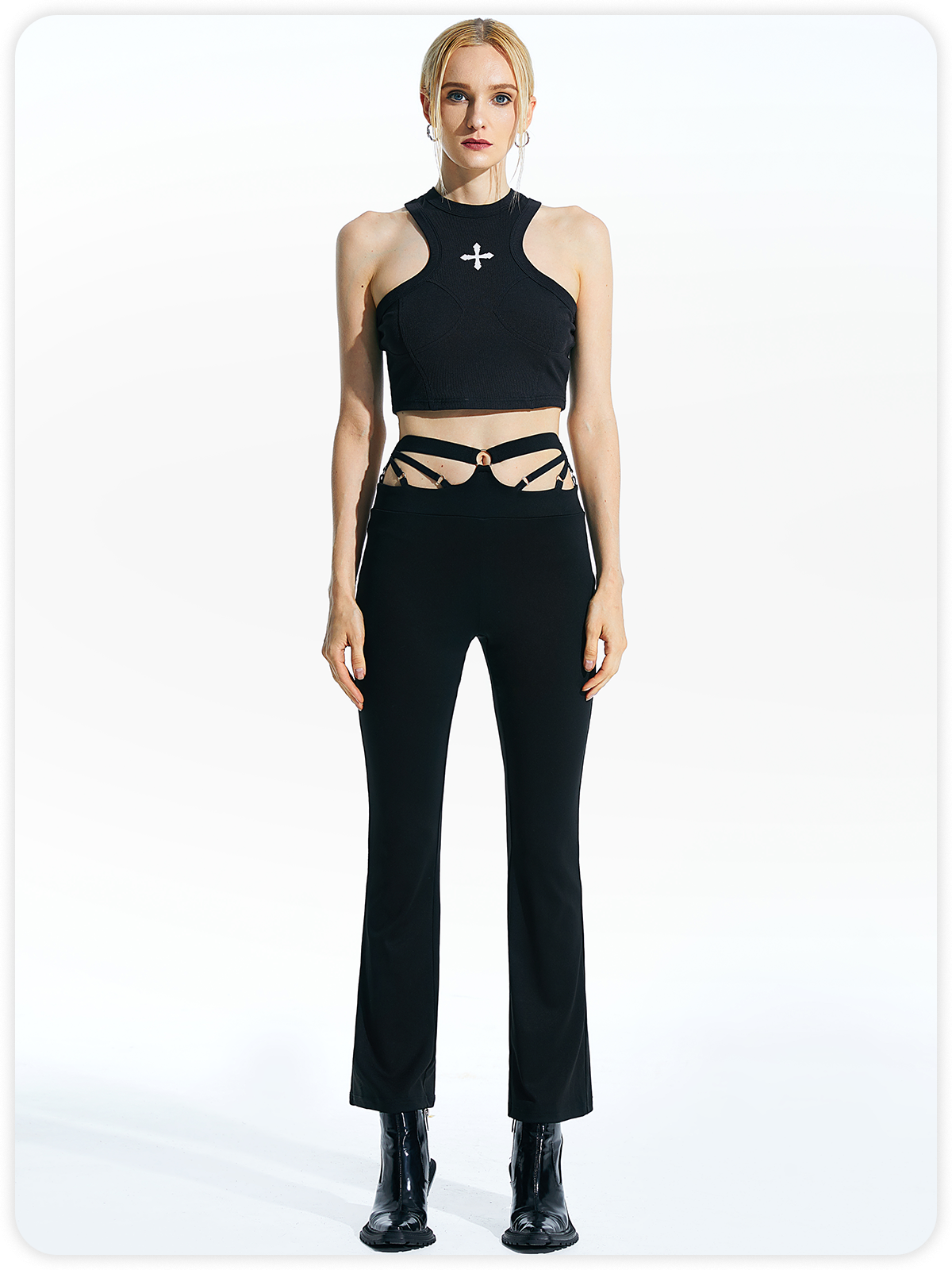 Edgy Black Cut Out Metal Flare Bottom Pants