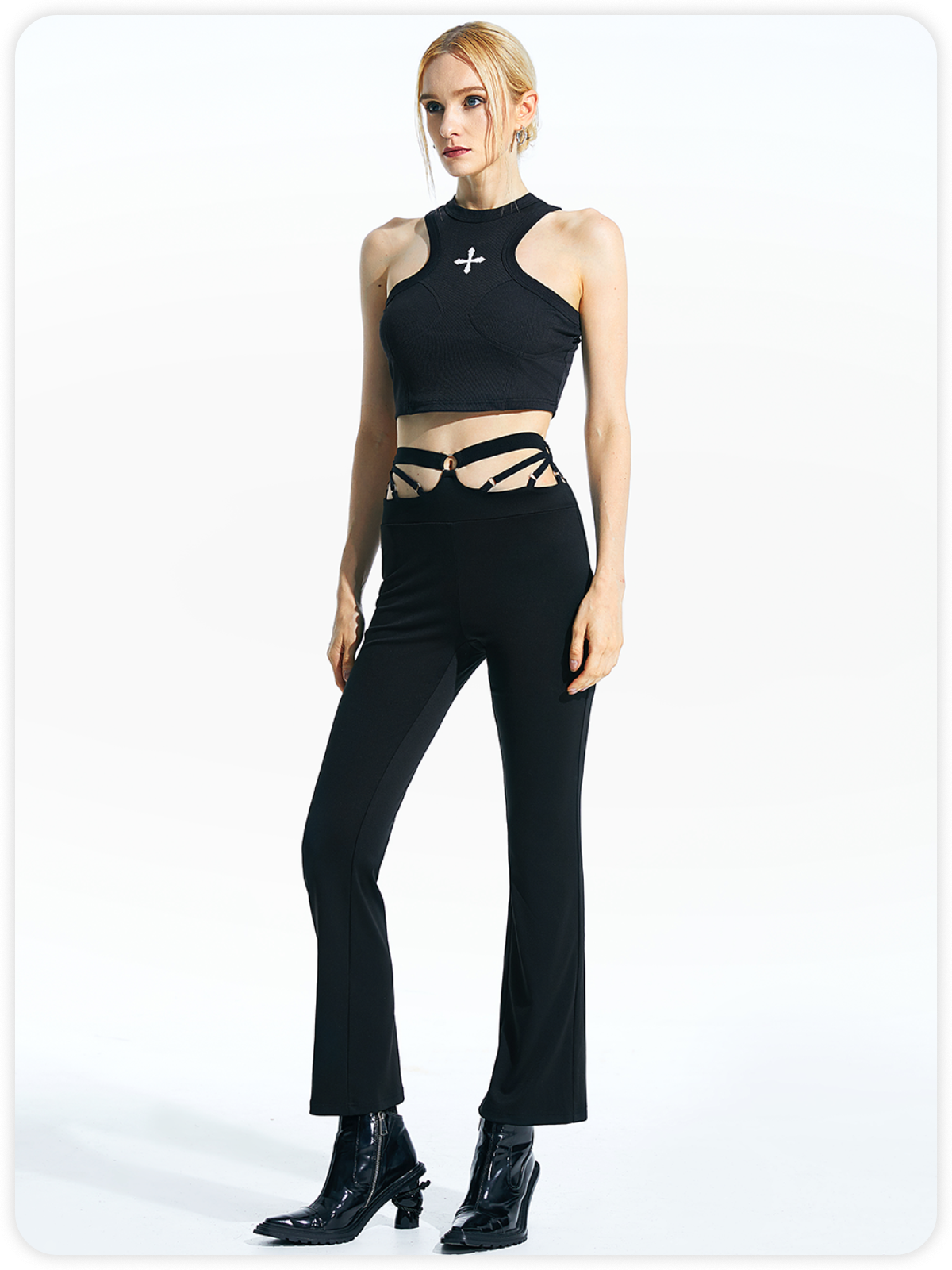 Edgy Black Cut Out Metal Flare Bottom Pants