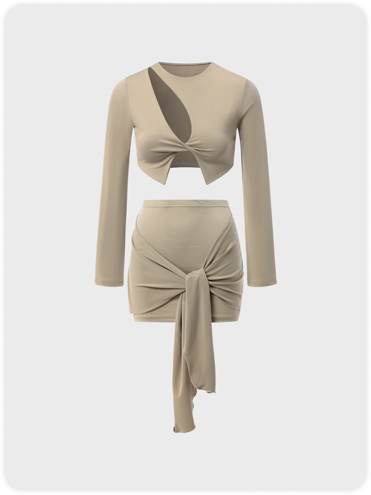 Edgy Khaki Asymmetrical Design Tie Front Cut Out Two-Piece Set