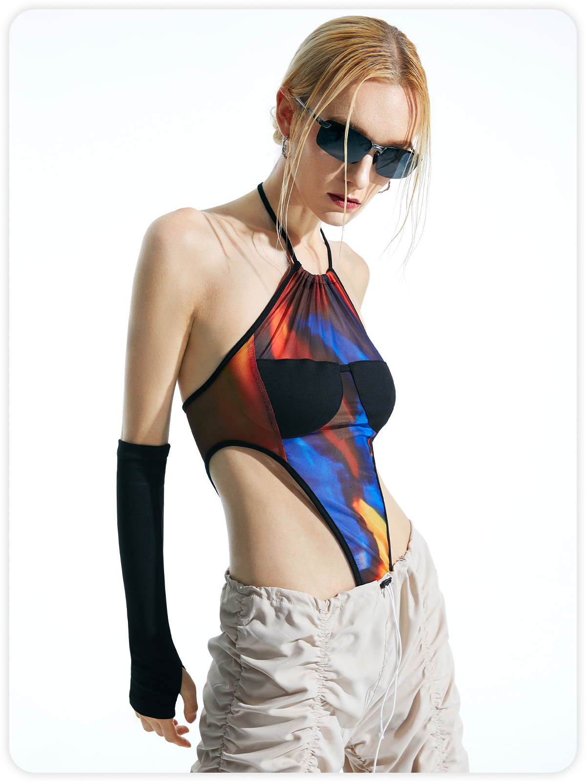 Edgy Multicolor Halter Patchwork Backless Bodysuit