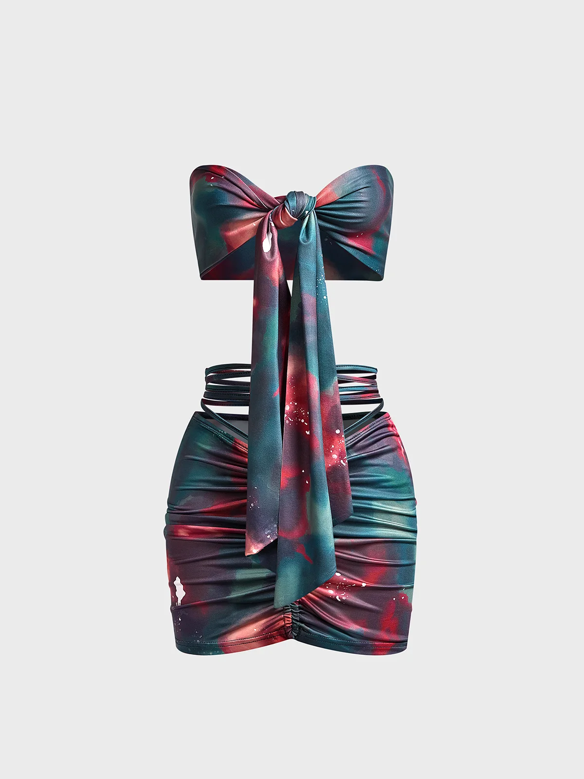 Lace Up Wrinkled Tie-Dye Tube Top With Skirt Two-Piece Set