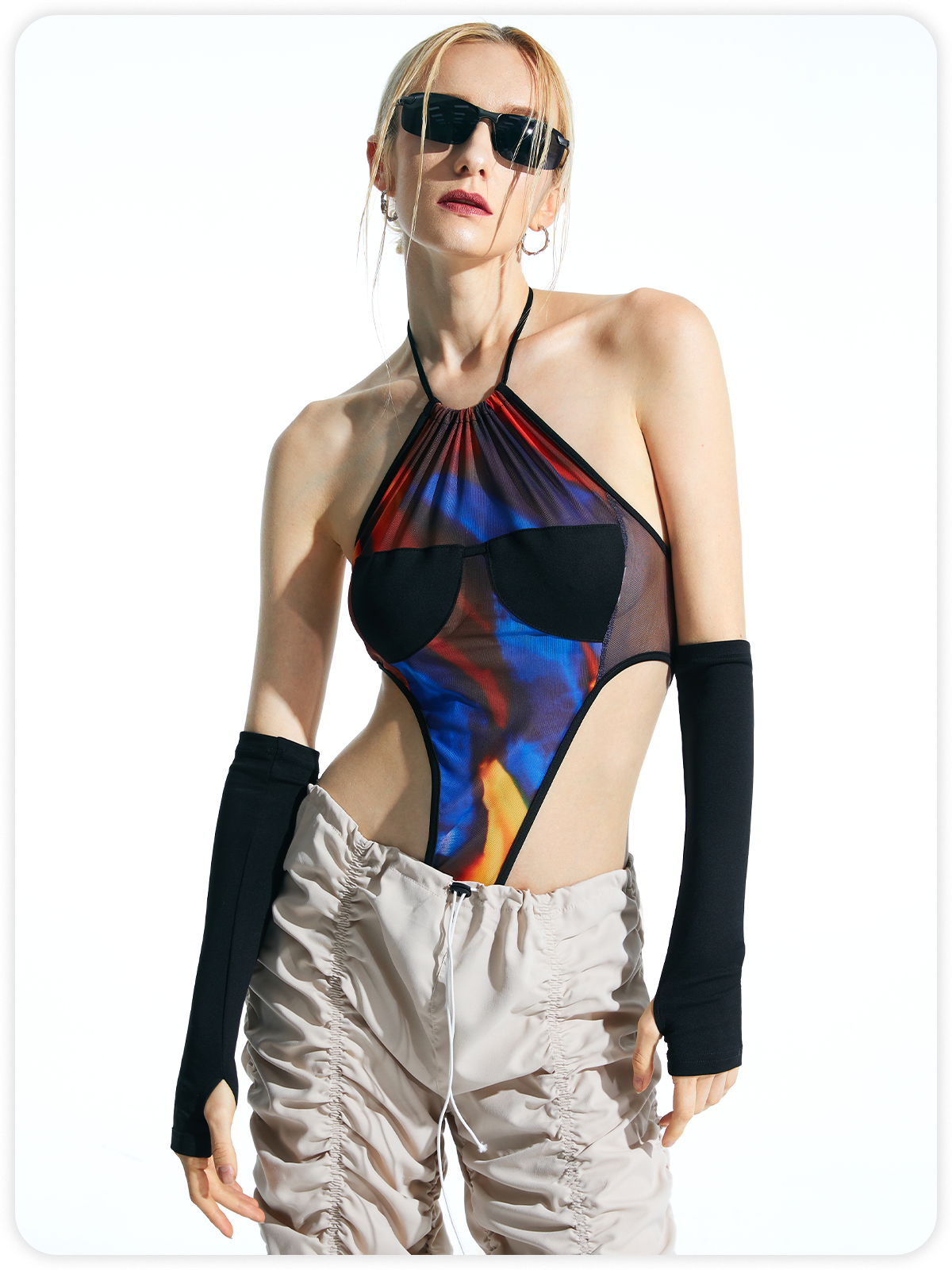 Edgy Multicolor Halter Patchwork Backless Bodysuit