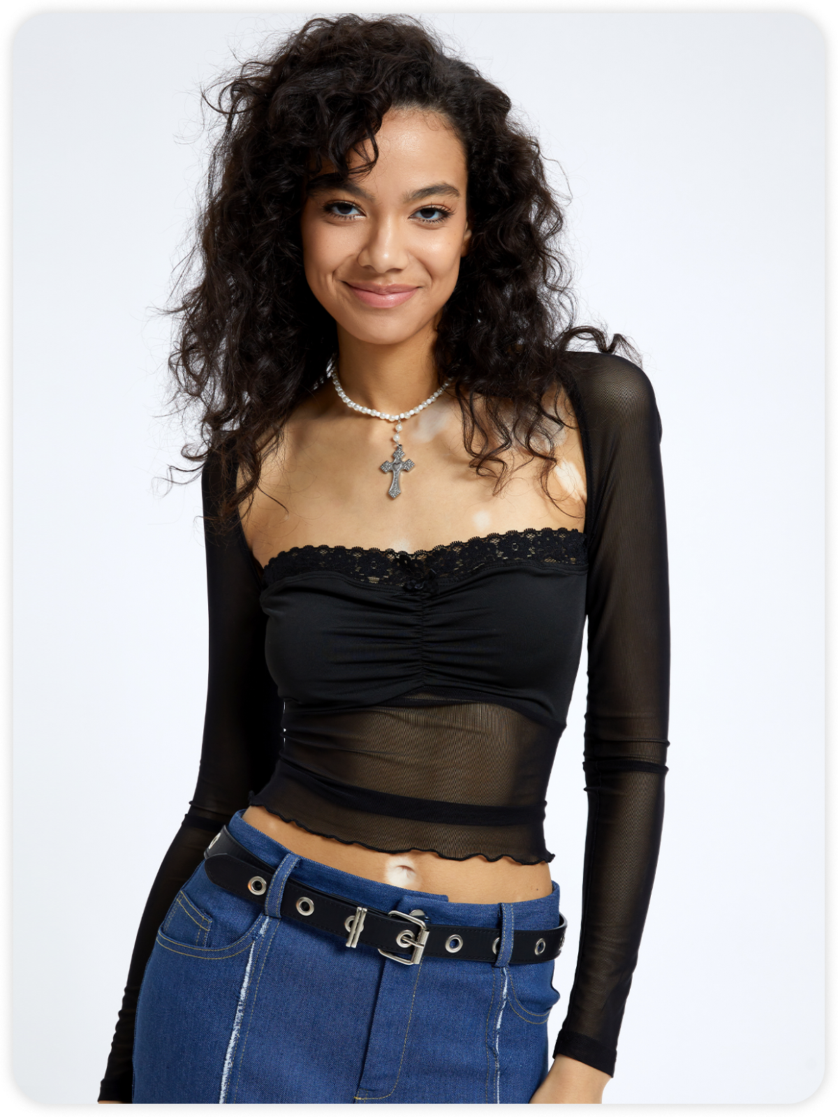 Y2k Black Mesh Patchwork Ace hem Top Women Top