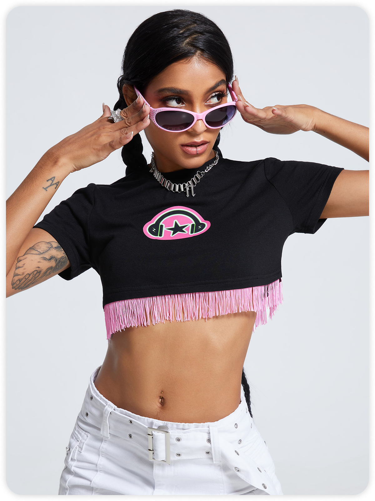 Y2K Black Graphic Tassel Top T-Shirt