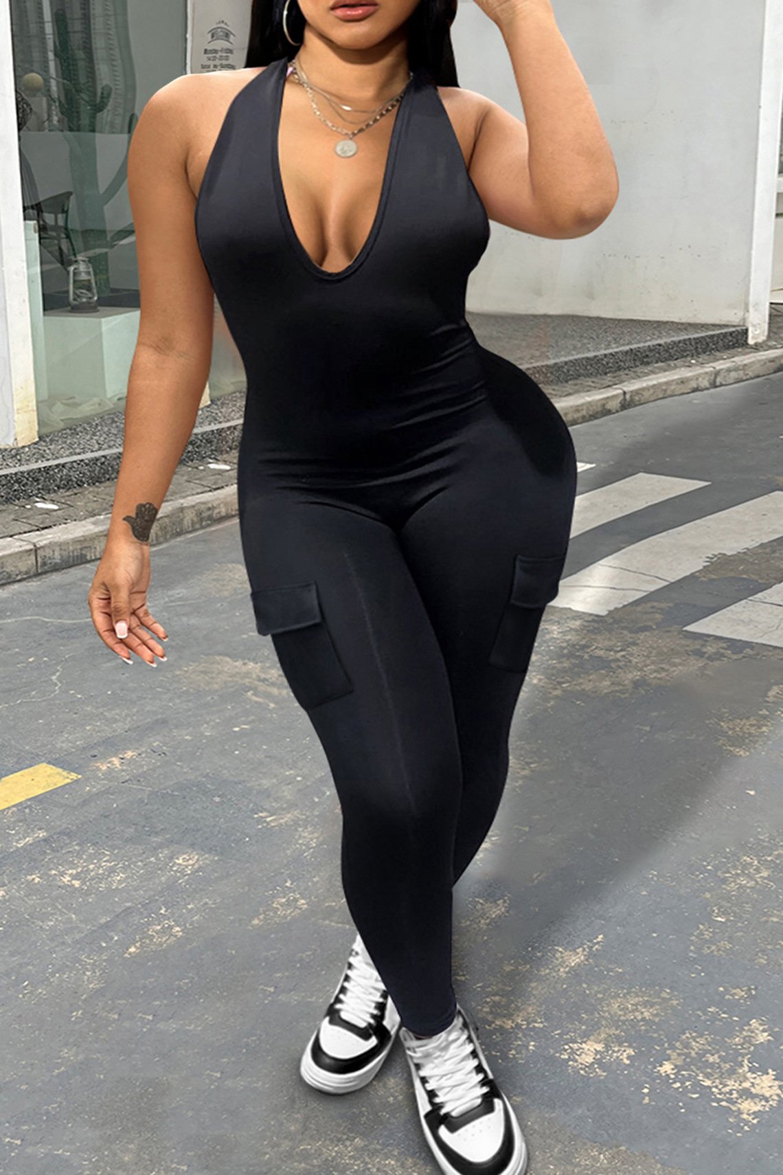 V Neck Halter Plain Sleeveless Jumpsuit