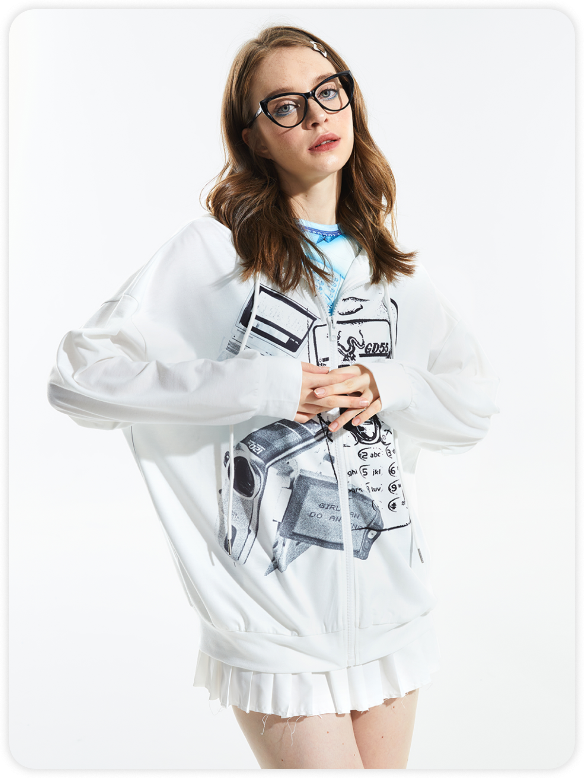 Y2K White Abstract Oversized Back To School Top Hoodie & Sweatshirt