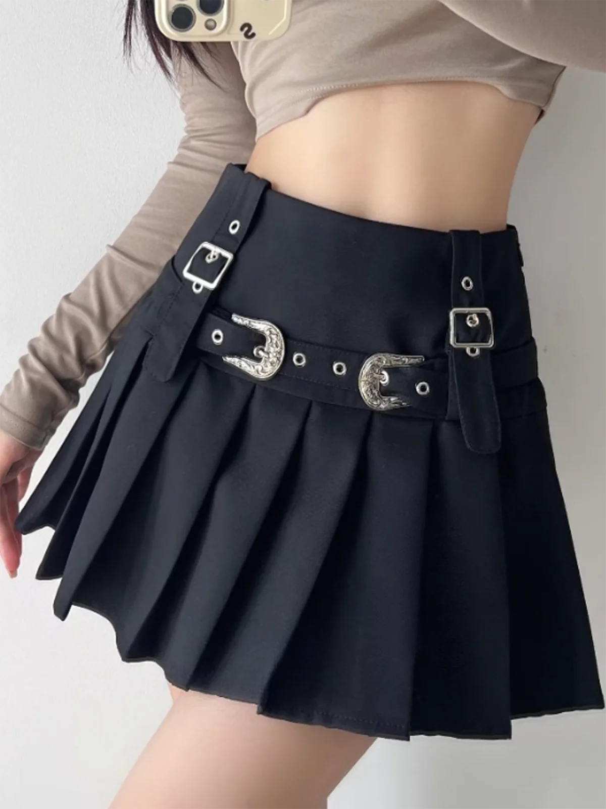 Belt Pleated Plain Short Skirt