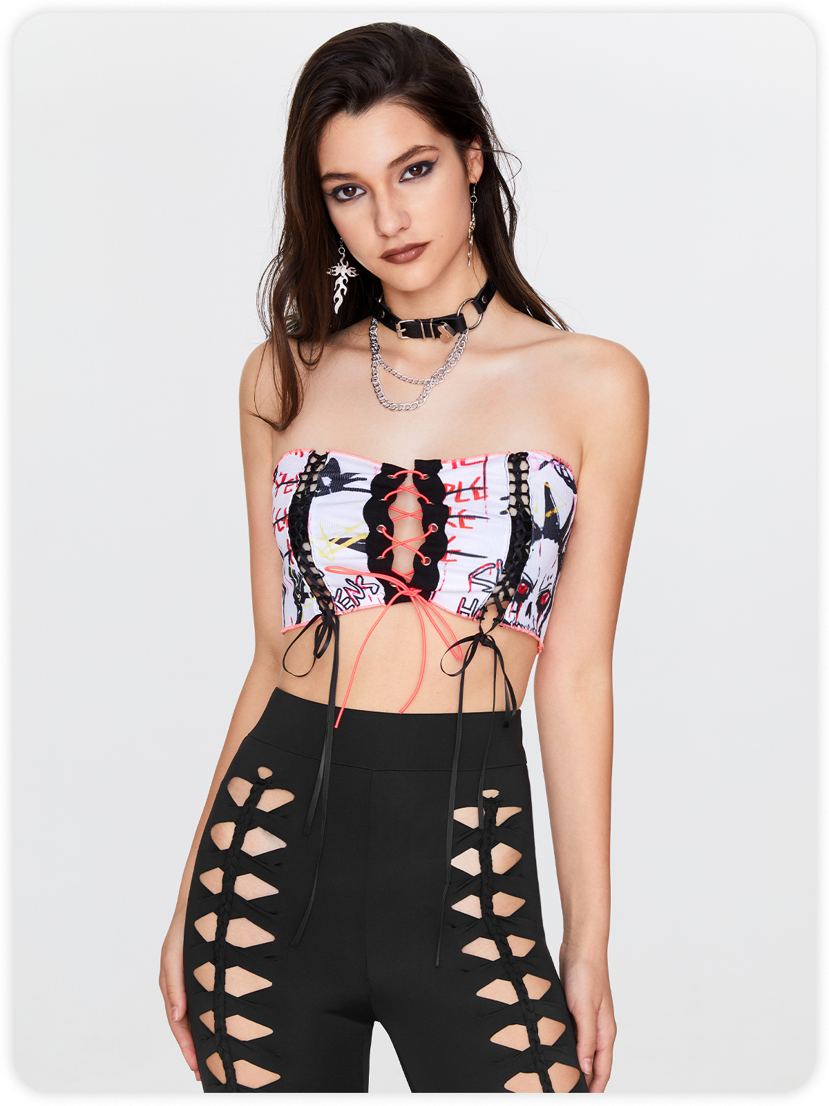 Edgy White Graffiti Lace Up Halloween Top Women Top