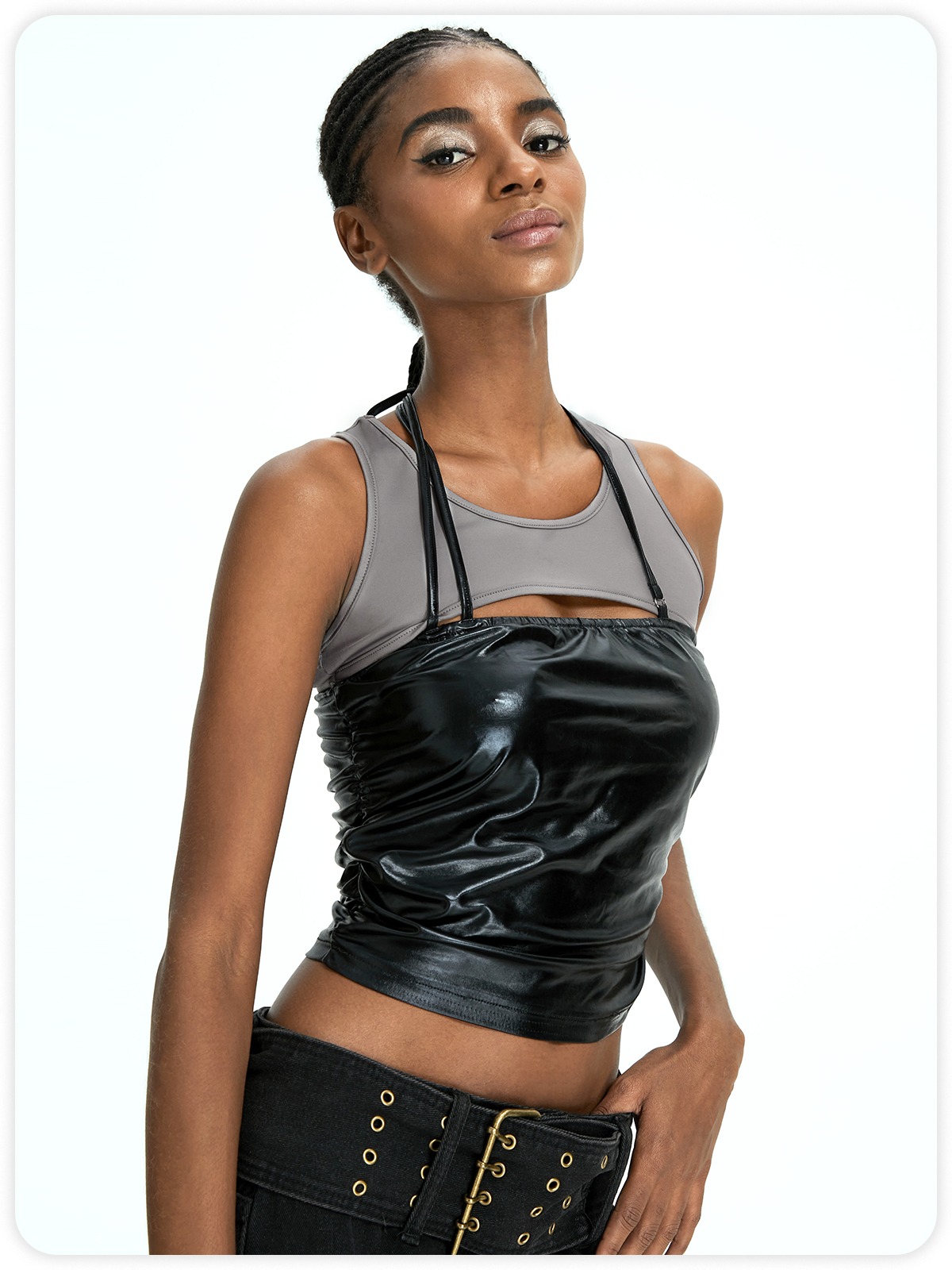 Street Black 2 pic Wrinkle PU Top Tank Top & Cami