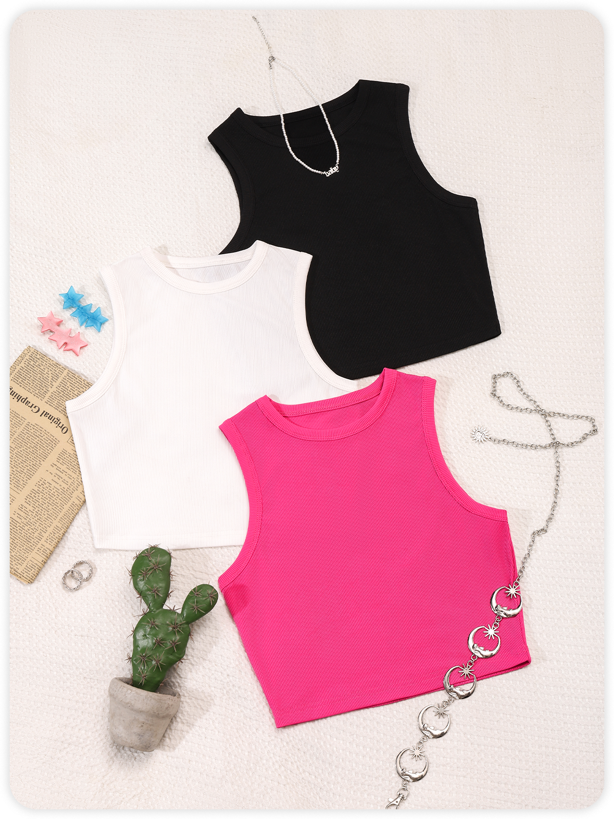 Three-Piece Set Y2K Cut Out Asymmetrical Design Top Tank Top & Cami