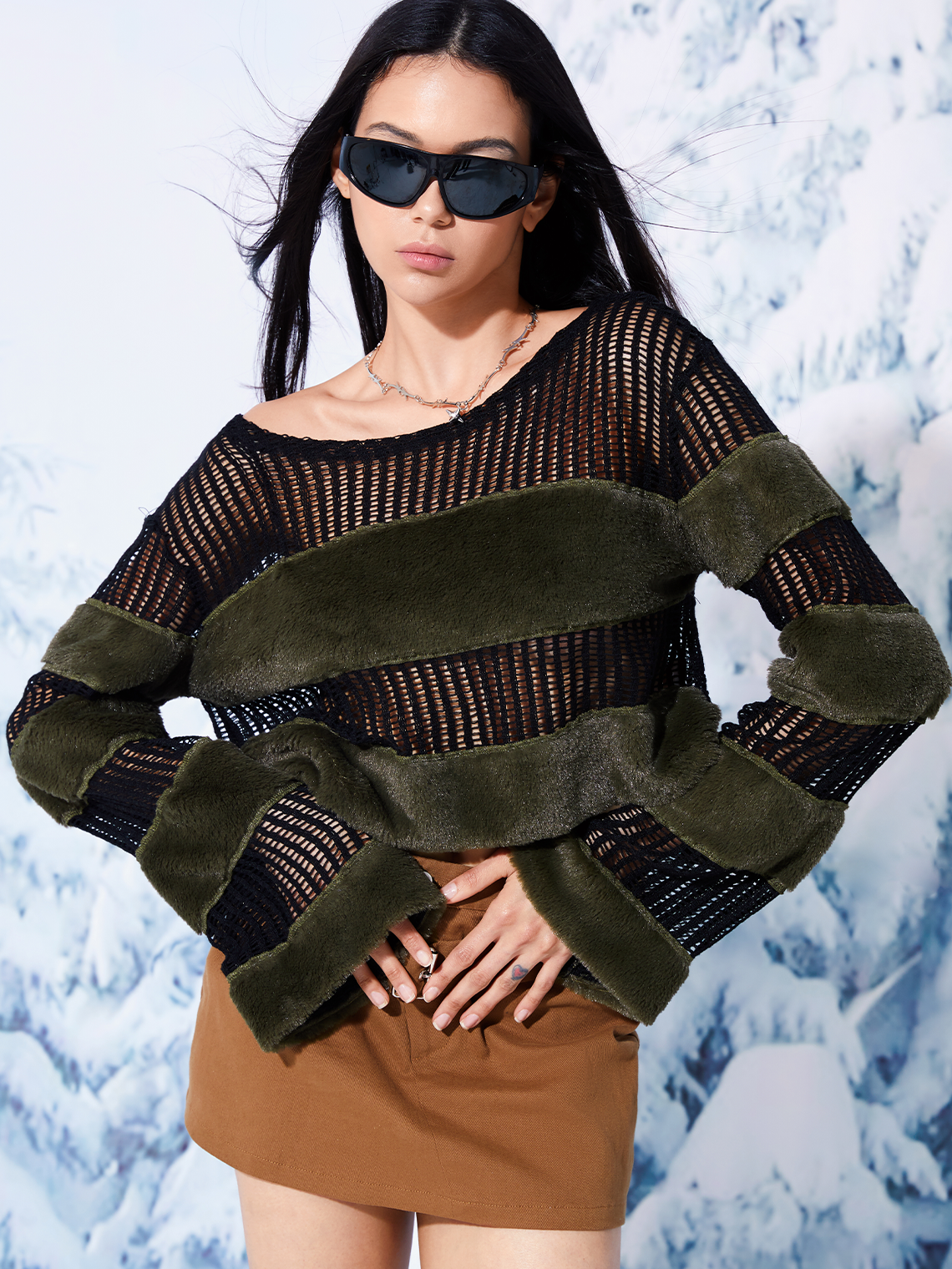 Net Cut Out Patchwork Fuzzy Long Sleeve Crop Top