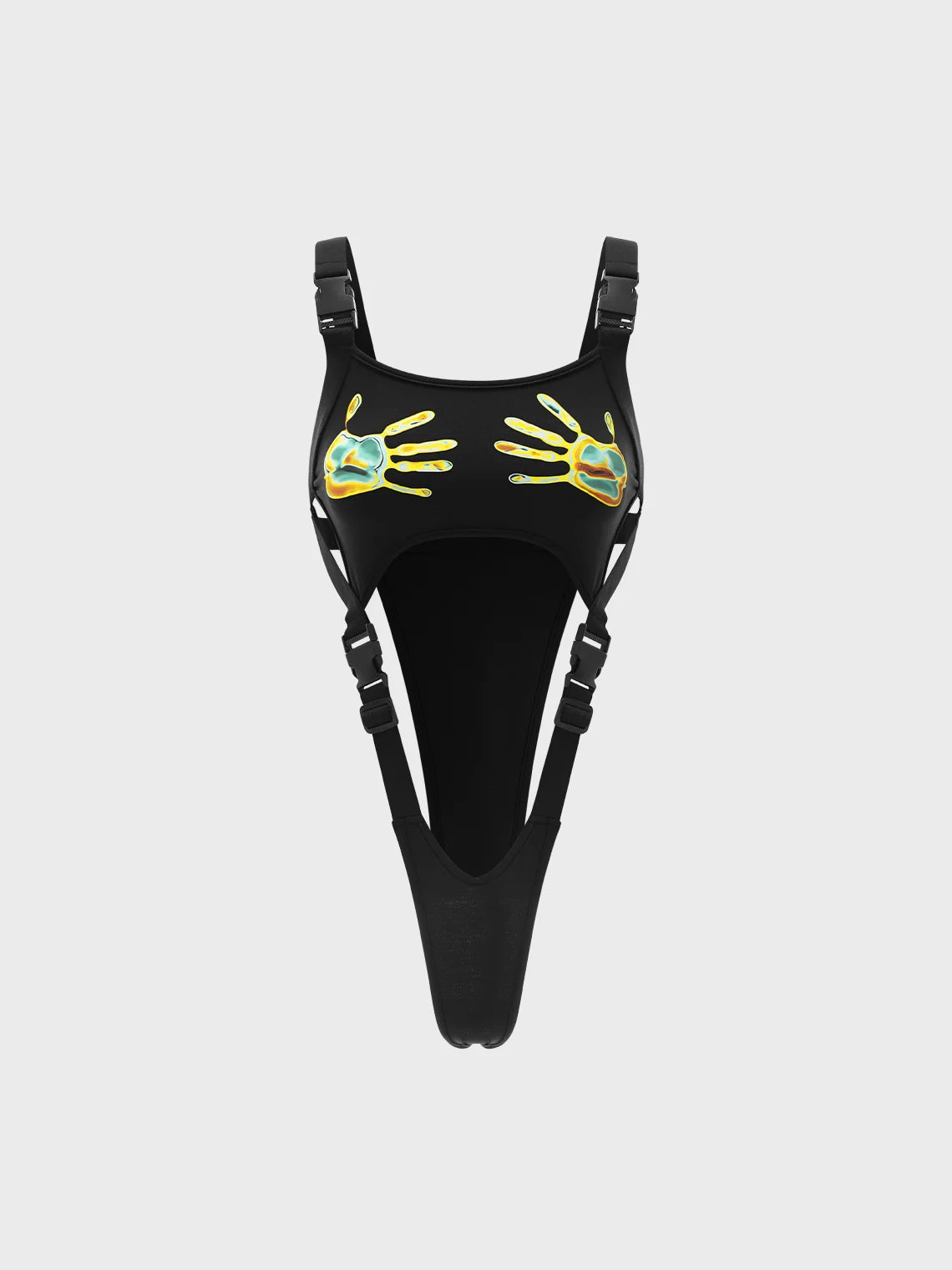 Street Black Body print Buckle Cyberpunk Bodysuit