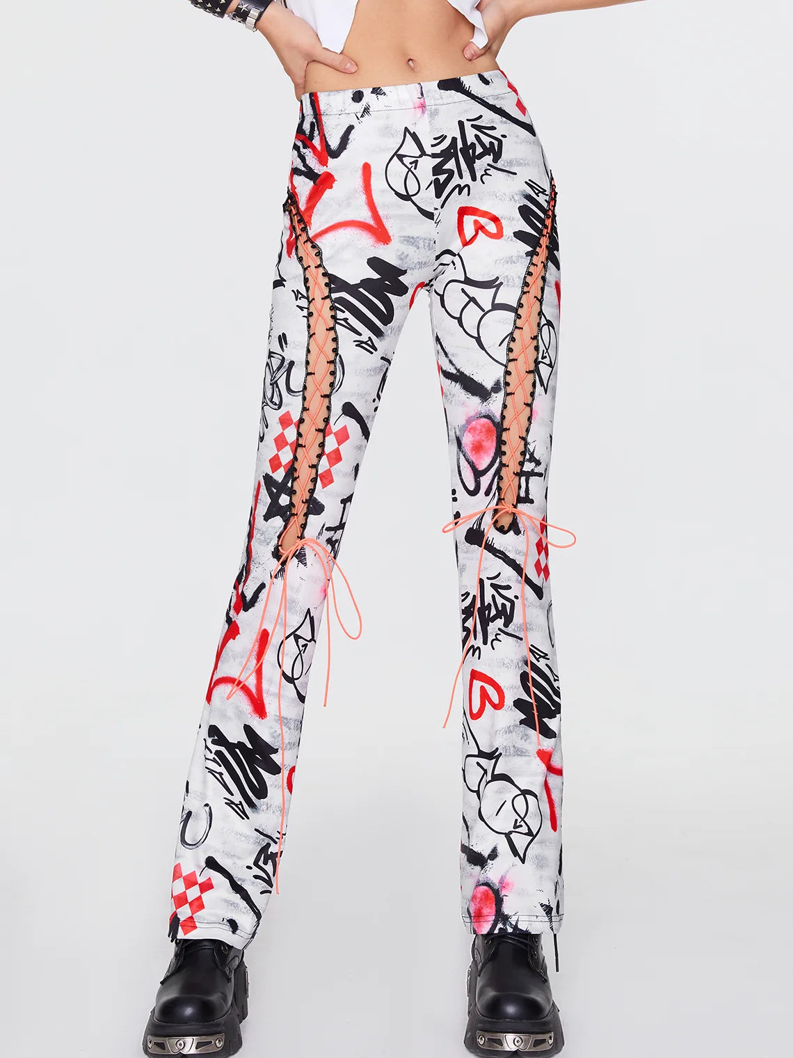 Punk White Lace-Up Design Graffiti Halloween Bottom Pants