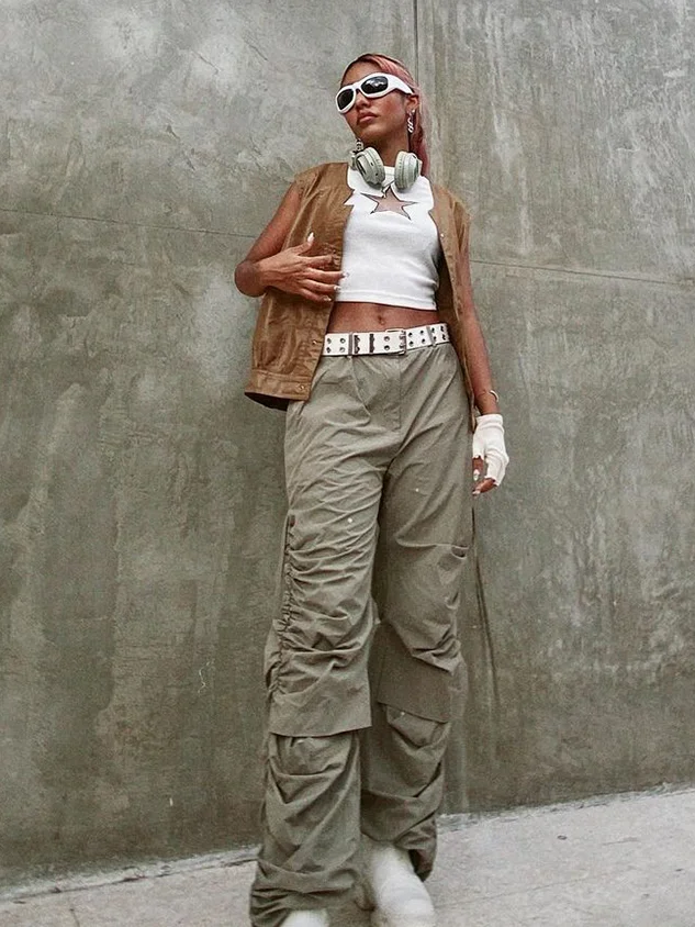 Street Taupe Wrinkled Cargo Bottom Pants