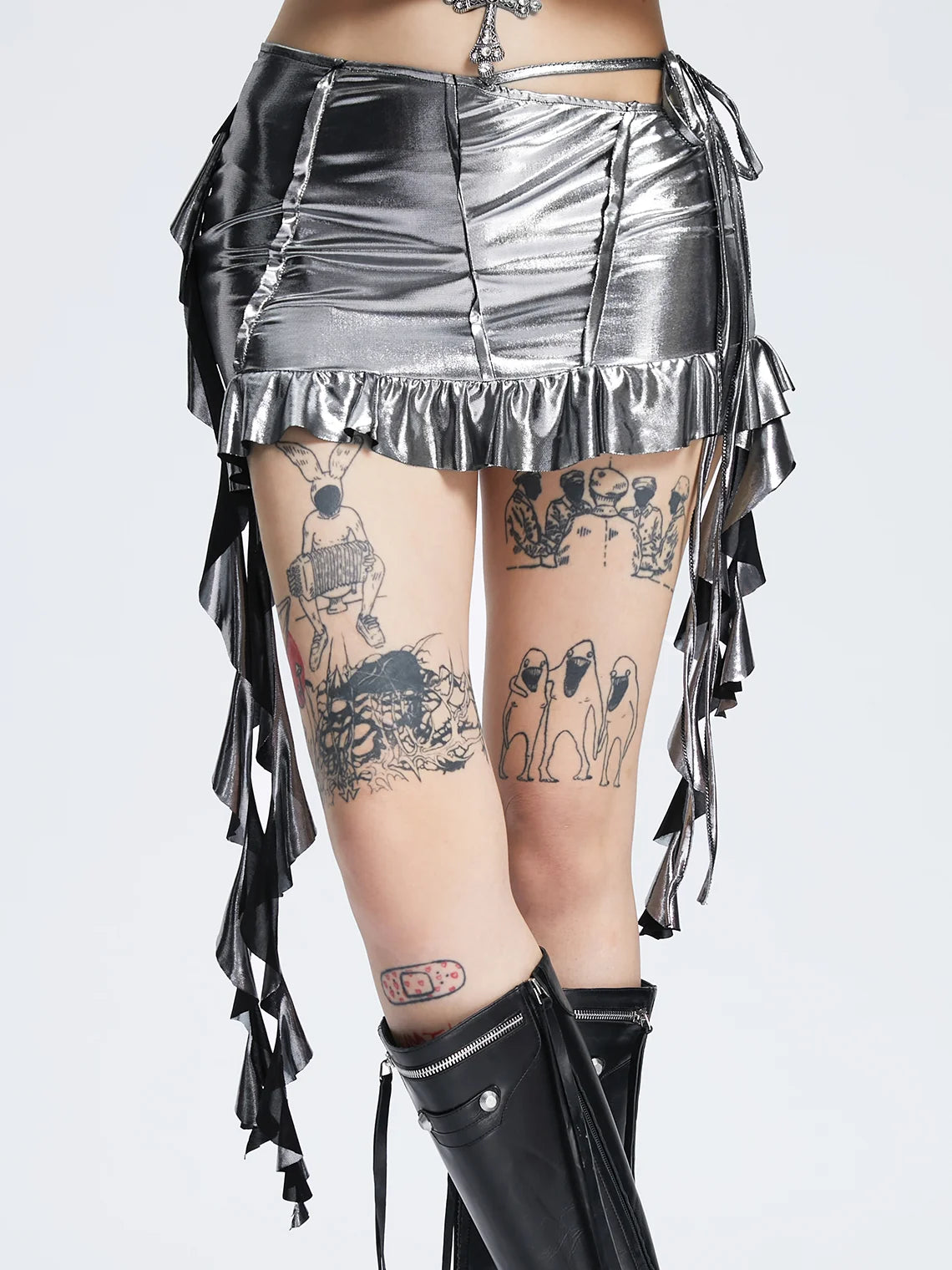 Y2k Silver Ruffles Asymmetrical design Bottom Skirt