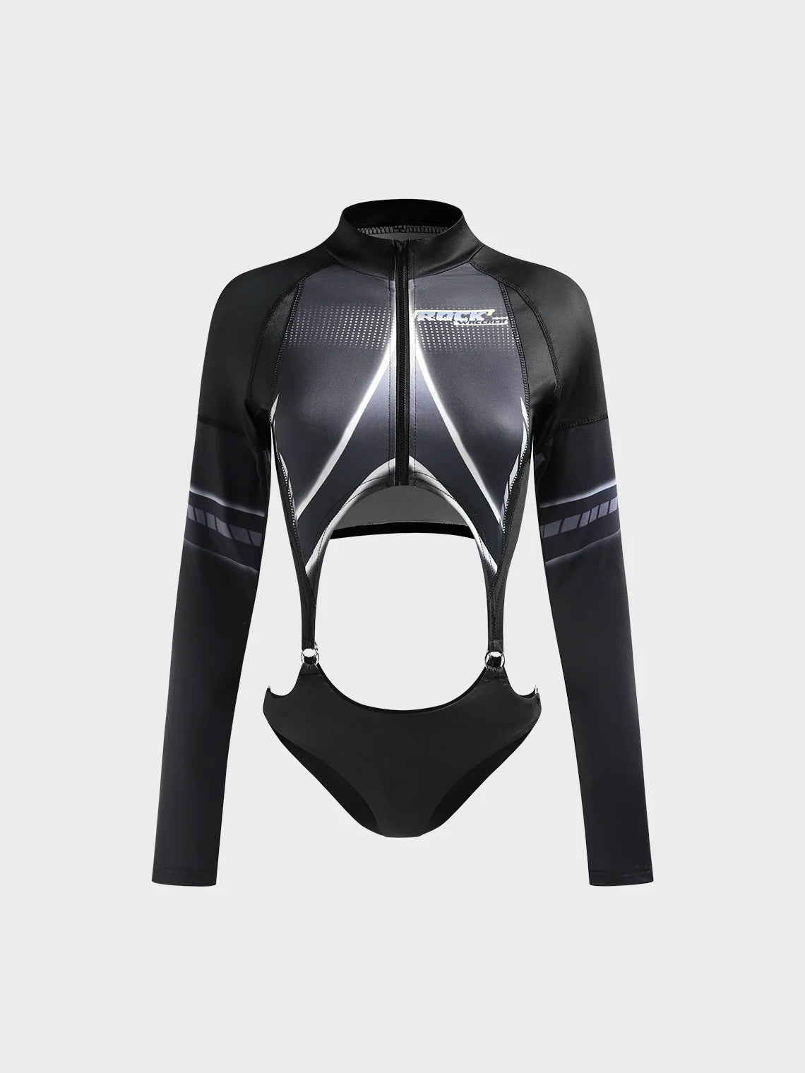 Cut Out Stand Collar Color Block Long Sleeve Bodysuit