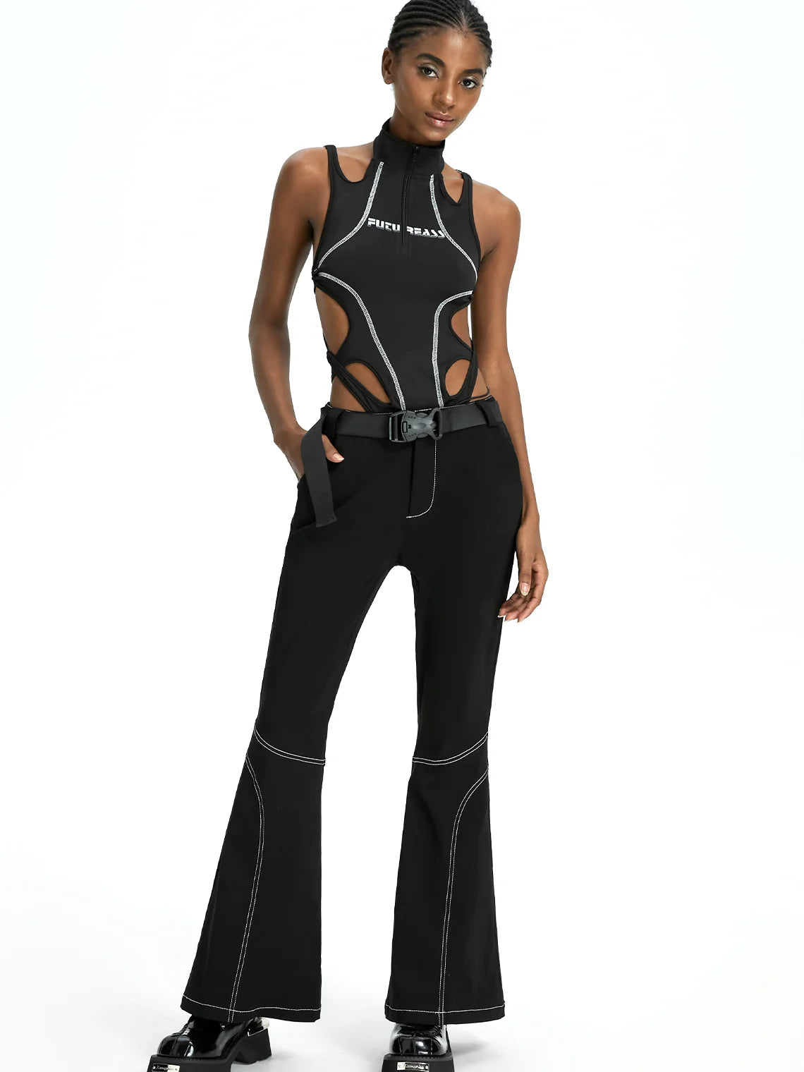 Edgy Black Letter Backless Bodysuit