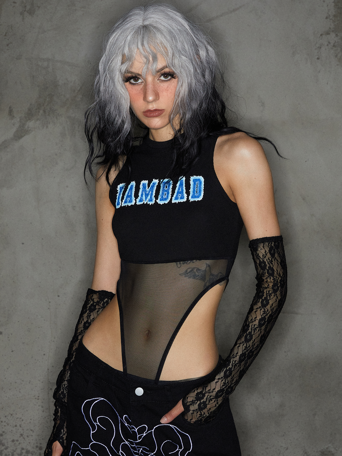 Punk Black Metal Patchwork Letter Cyberpunk Bodysuit