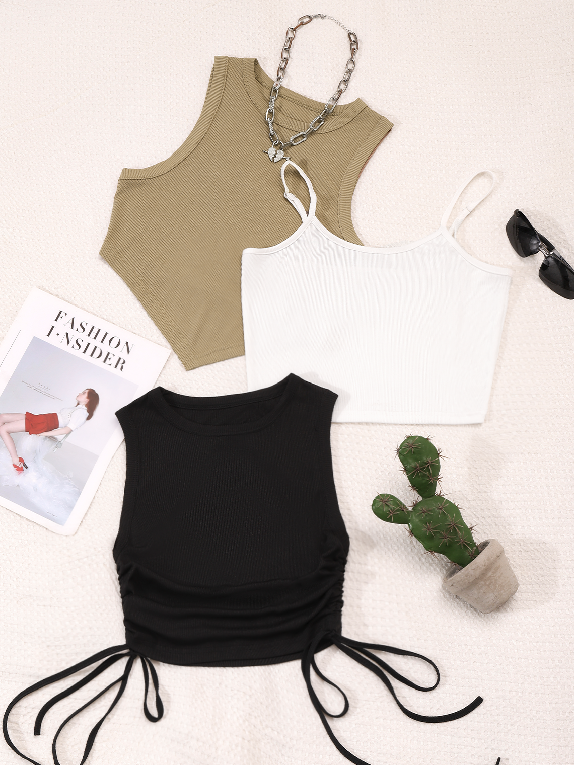 Y2K Three-Piece Set Casual Drawstring Irregular Hem Top Tank Top & Cami